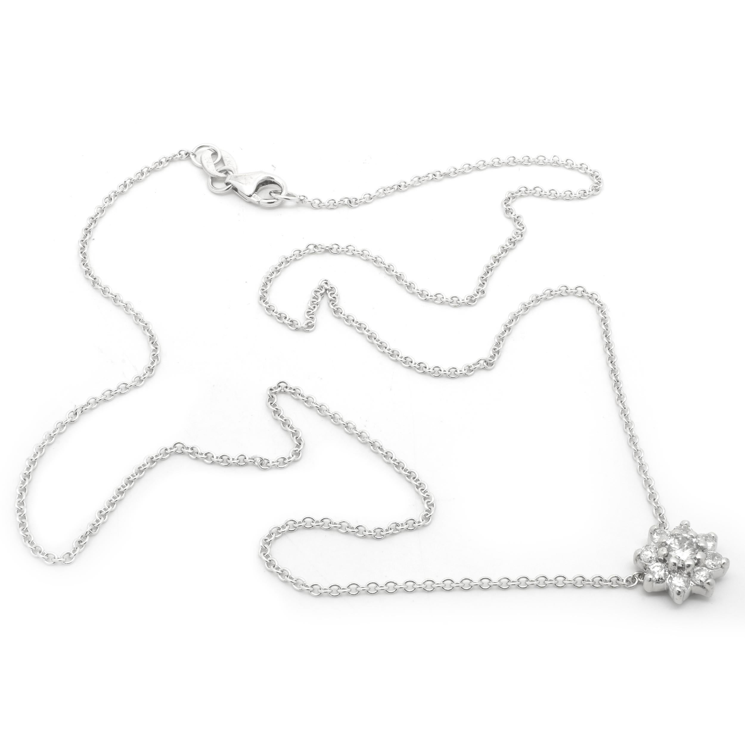 Round Cut 14 Karat White Gold Diamond Cluster Flower Necklace For Sale