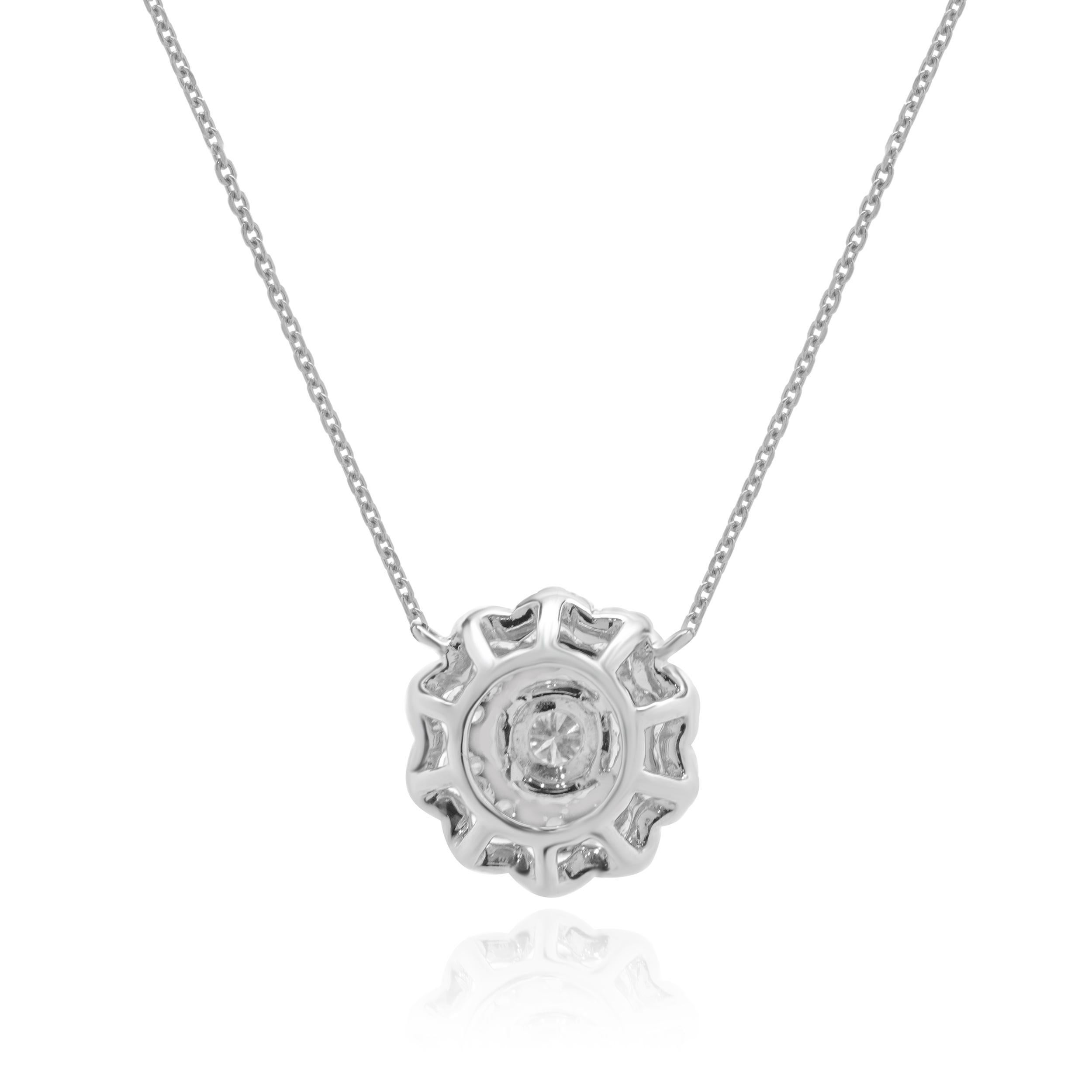 Designer: personalizzato
Materiale: oro bianco 14 carati
Diamanti: 54 diamanti rotondi taglio brillante = 0,71cttw
Colore: G. H.
Chiarezza: VS-SI1
Dimensioni: la collana misura 18 pollici di lunghezza
Peso: 3.51 grammi