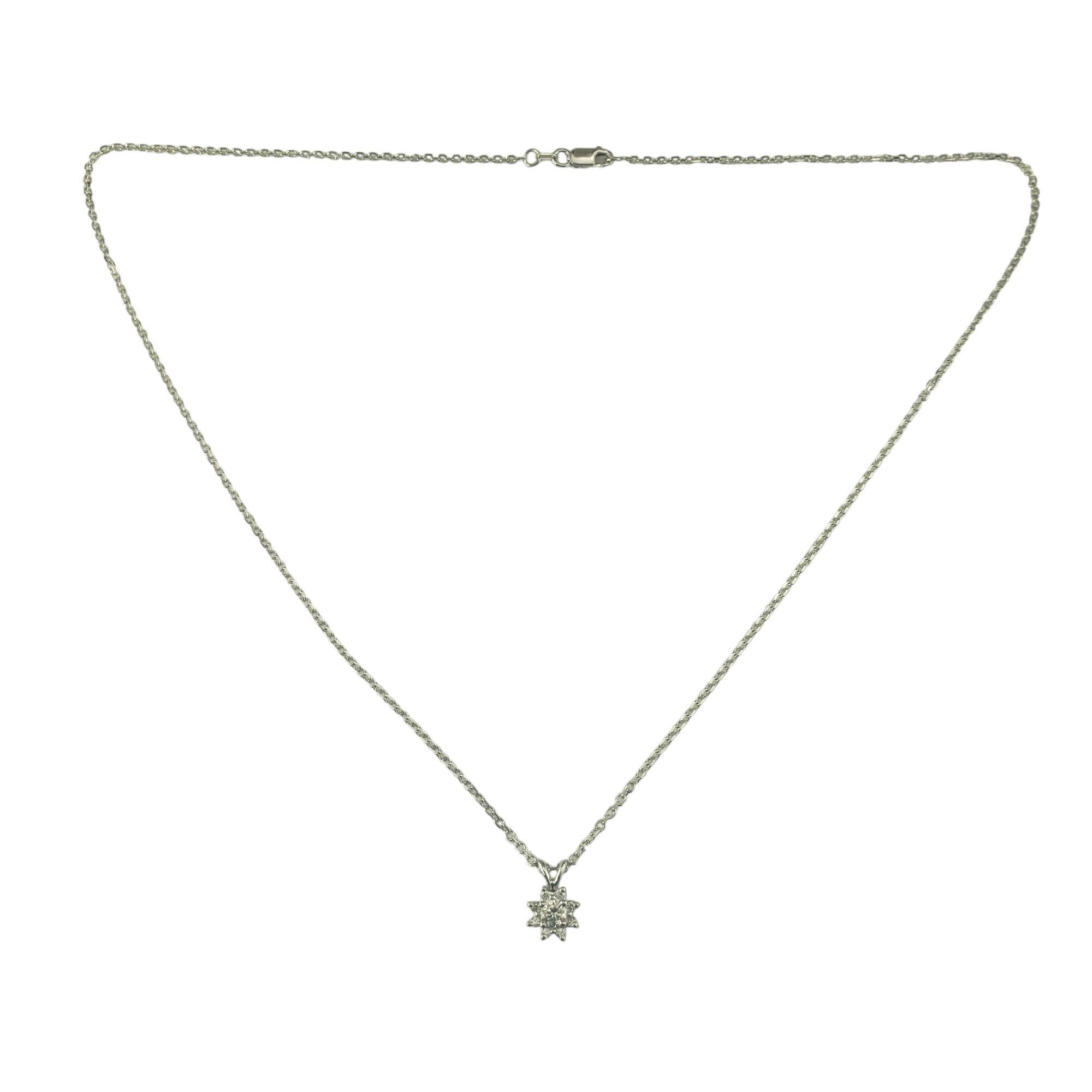 14 Karat White Gold Diamond Cluster Pendant Necklace-

This sparkling pendant features nine round brilliant cut diamonds set in elegant 14K white gold. Suspends from a classic cable chain.

Approximate total diamond weight: .22 - .28 ct.

Diamond