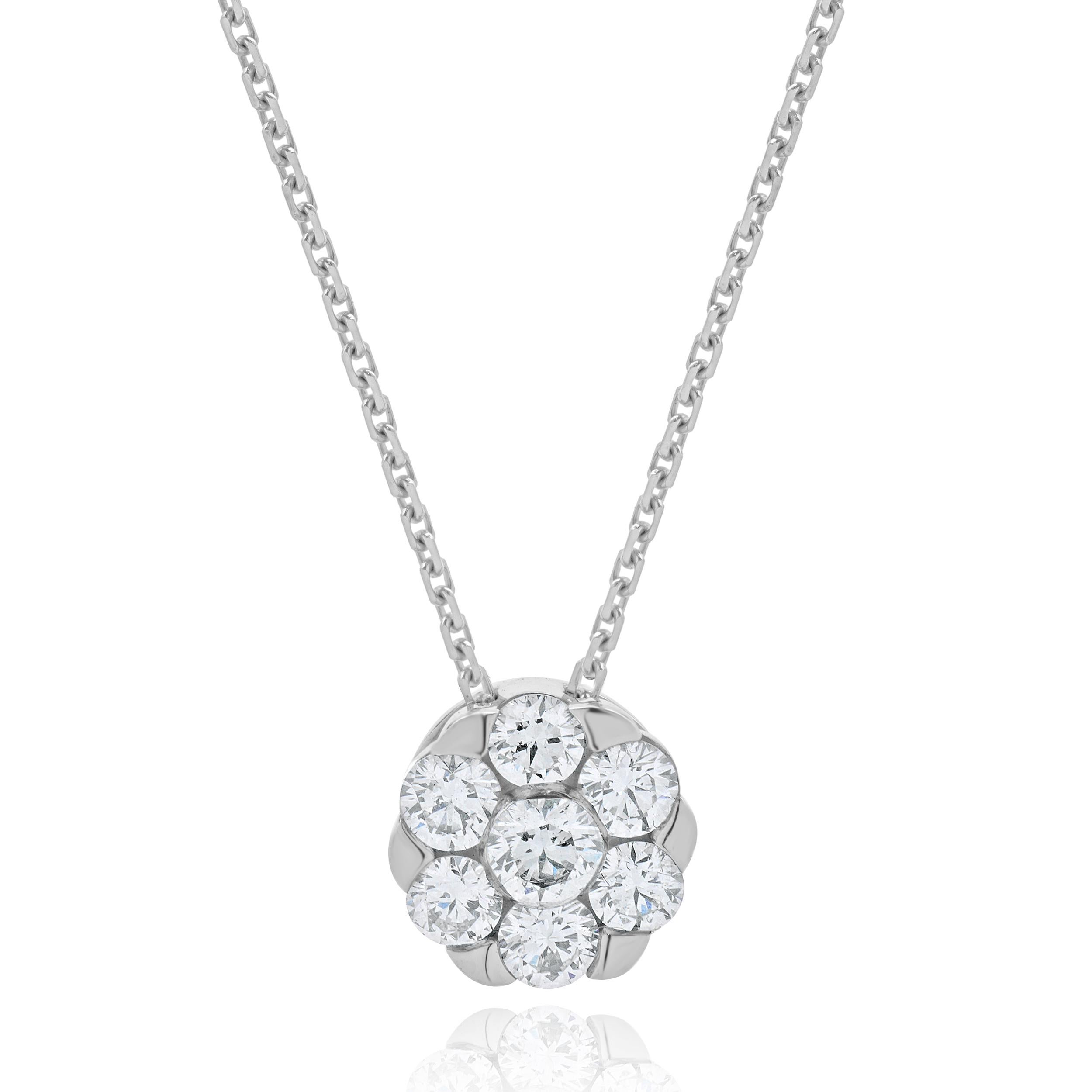 Concepteur : personnalisé
Matière : 14 or blanc
Diamants : 7 tailles rondes = 1,00cttw
Couleur : I
Clarté : SI1
Longueur : le collier mesure 16.25 pouces de long.
Poids : 4.59 grammes