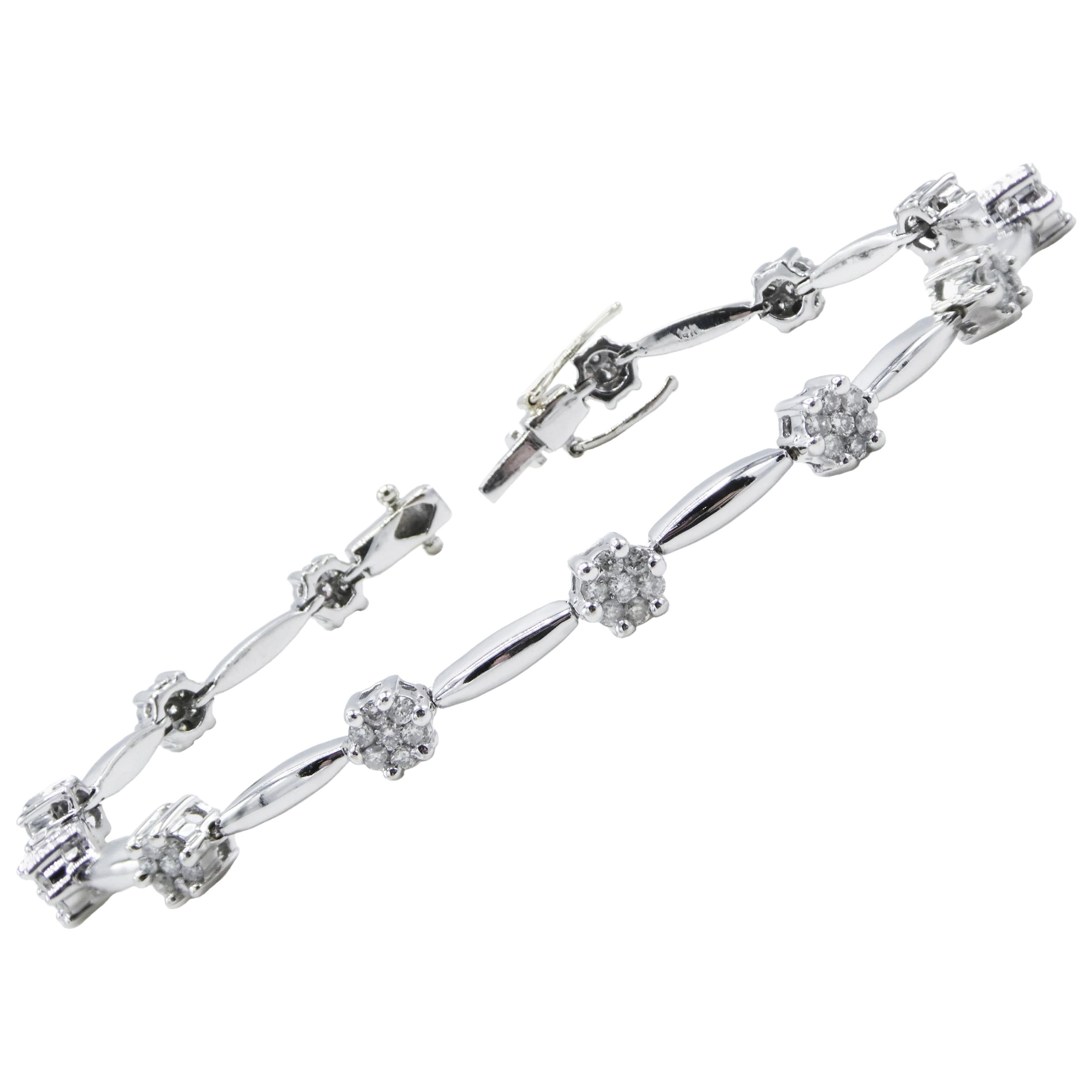 14 Karat White Gold Diamond Cluster Station Tennis Bracelet