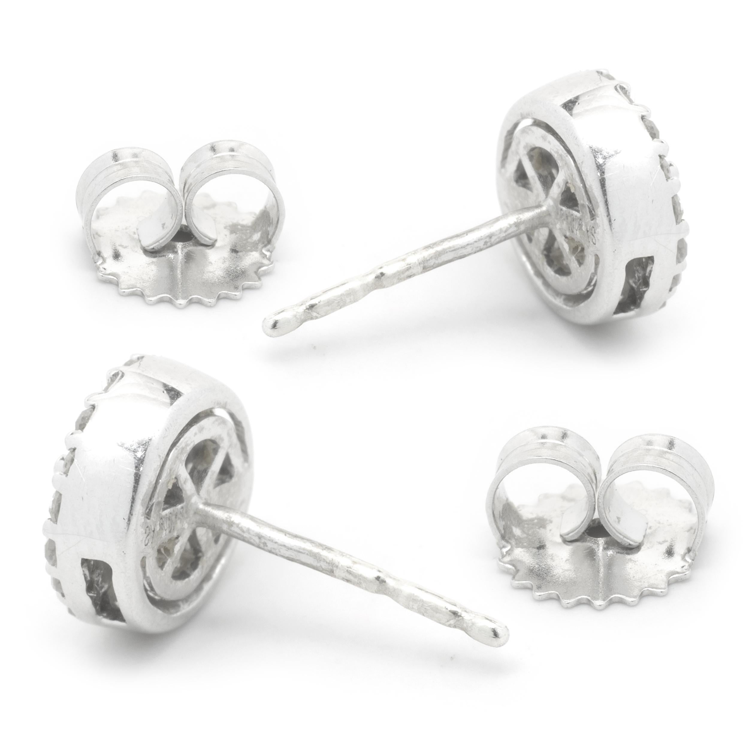 Round Cut 14 Karat White Gold Diamond Cluster Stud Earrings For Sale