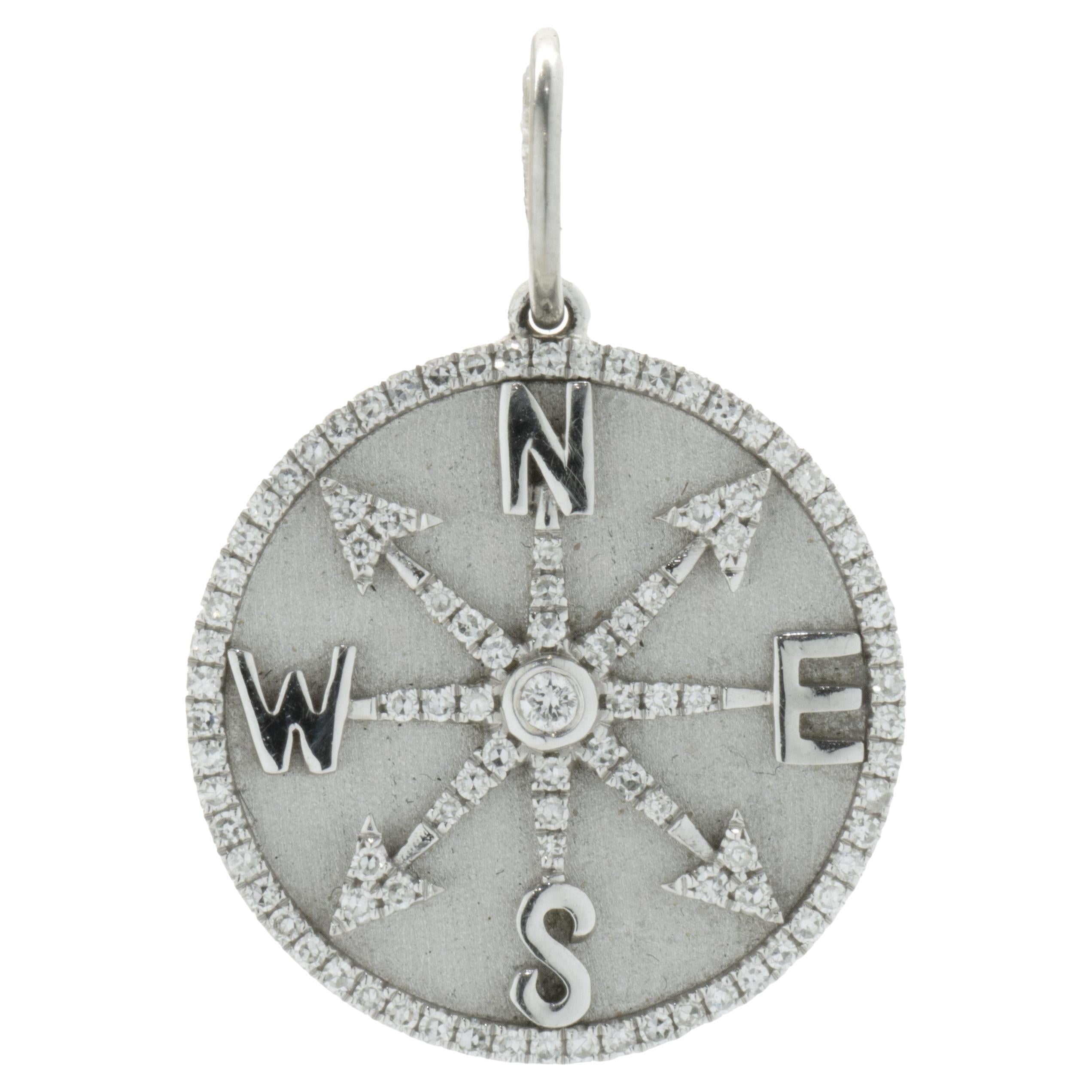 14 Karat White Gold Diamond Compass Medallion Pendant For Sale