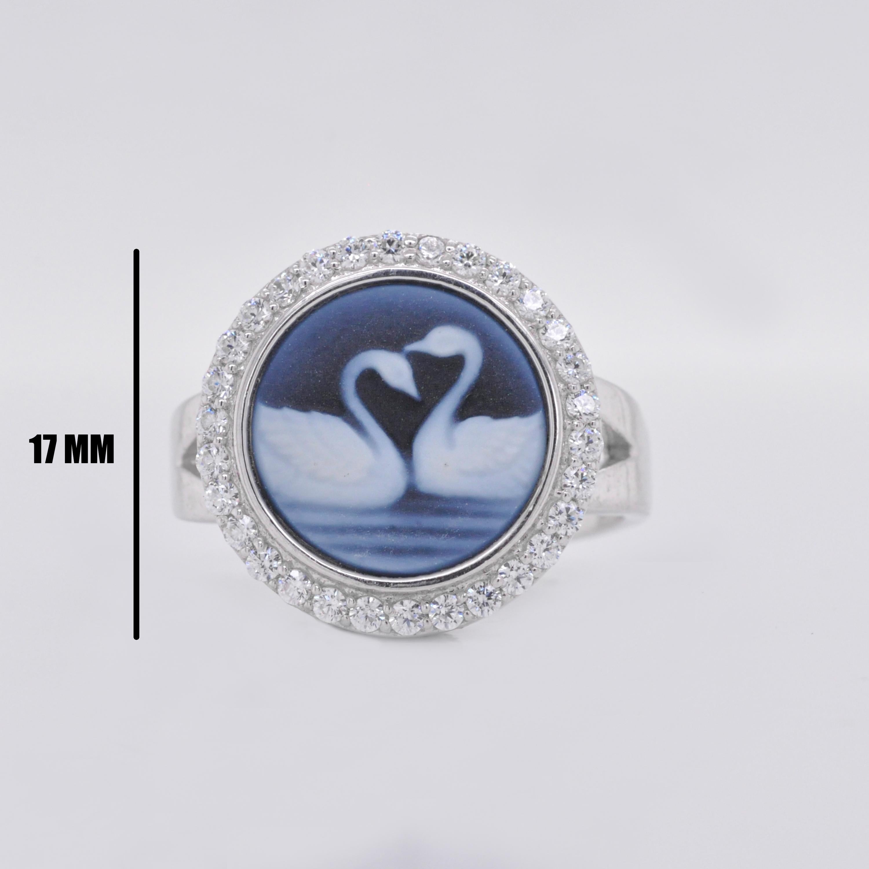 For Sale:  14 Karat White Gold Diamond Couple Swan Agate Cameo Flexible Ring 6