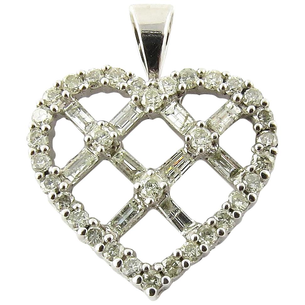 14 Karat White Gold Diamond Criss Cross Heart Pendant For Sale