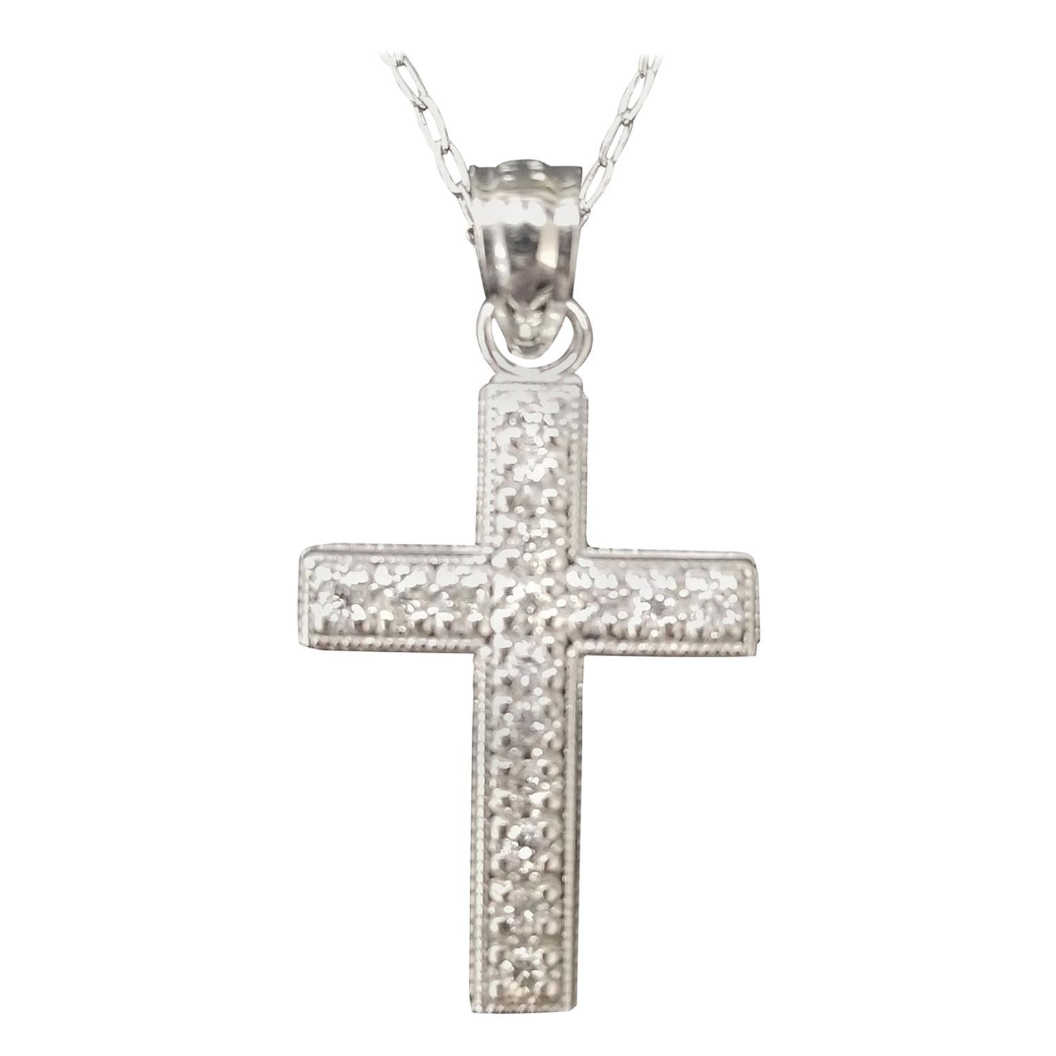 14 Karat White Gold Diamond Cross For Sale