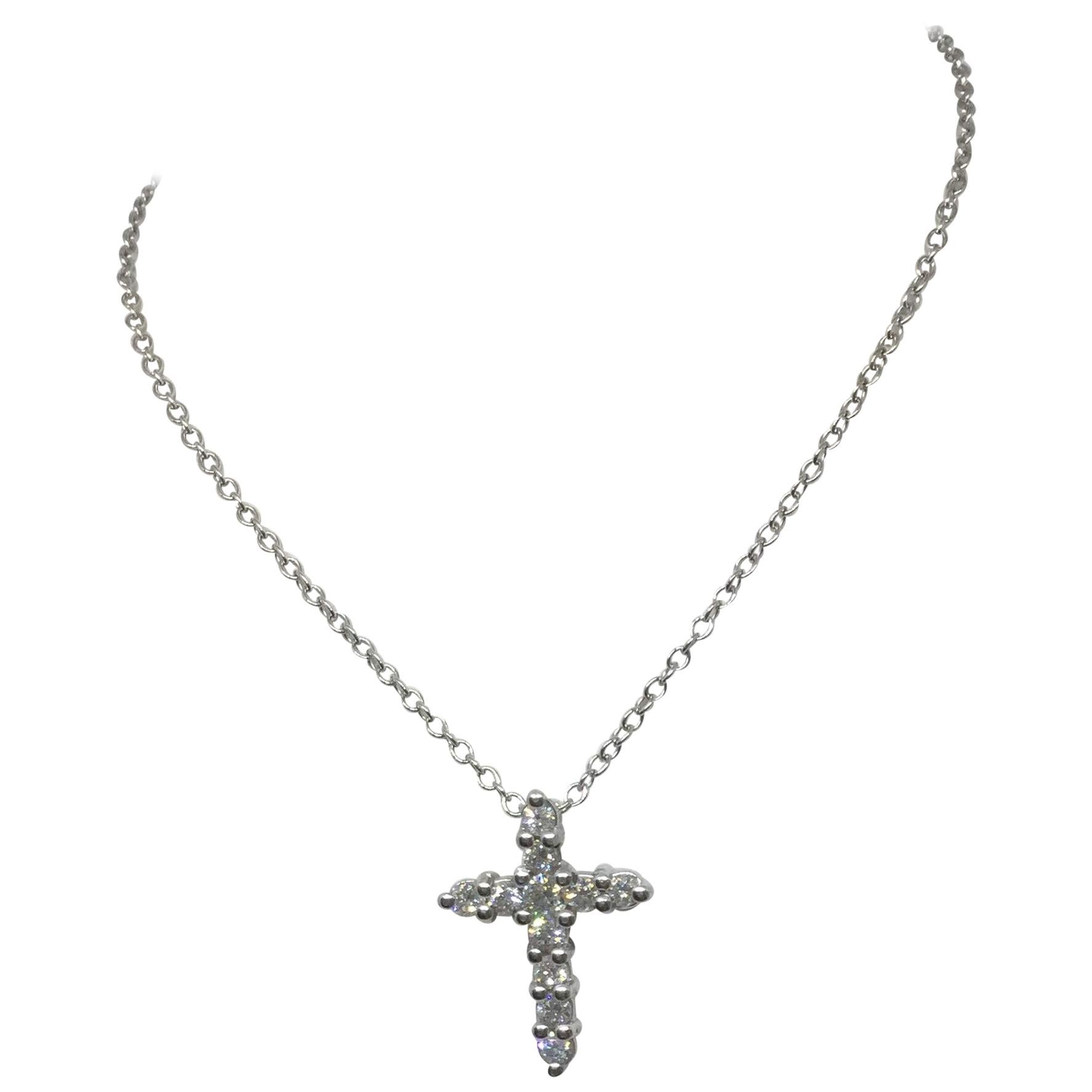14 Karat White Gold Diamond Cross Necklace 0.43 Carat For Sale