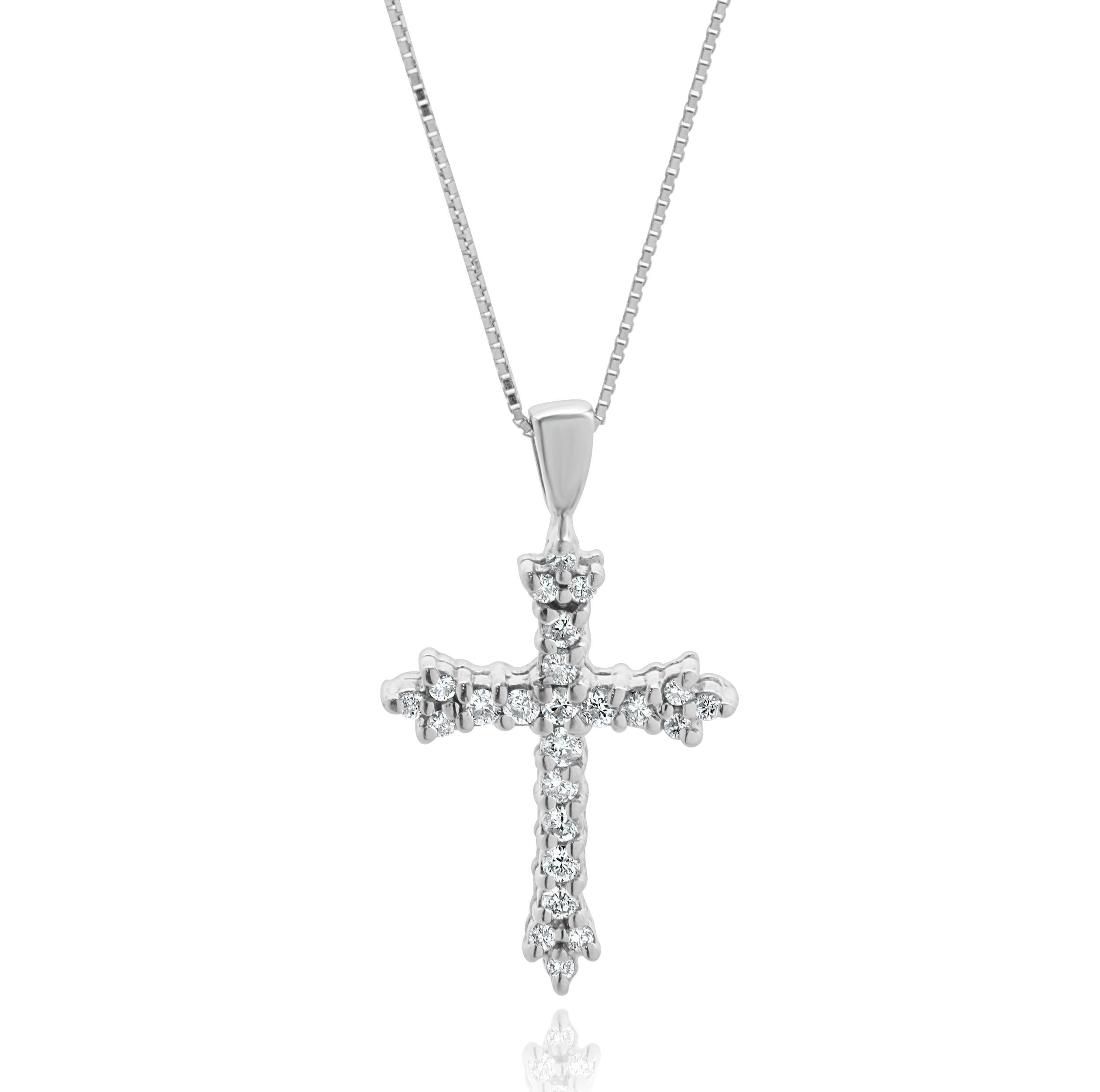 Designer: custom design
Material: 14k white gold
Diamond: 24 round cut = 0.25cttw
Color: H
Clarity: SI1
Dimensions: necklace measures 18.25-inches in length
Weight: 3.10 grams