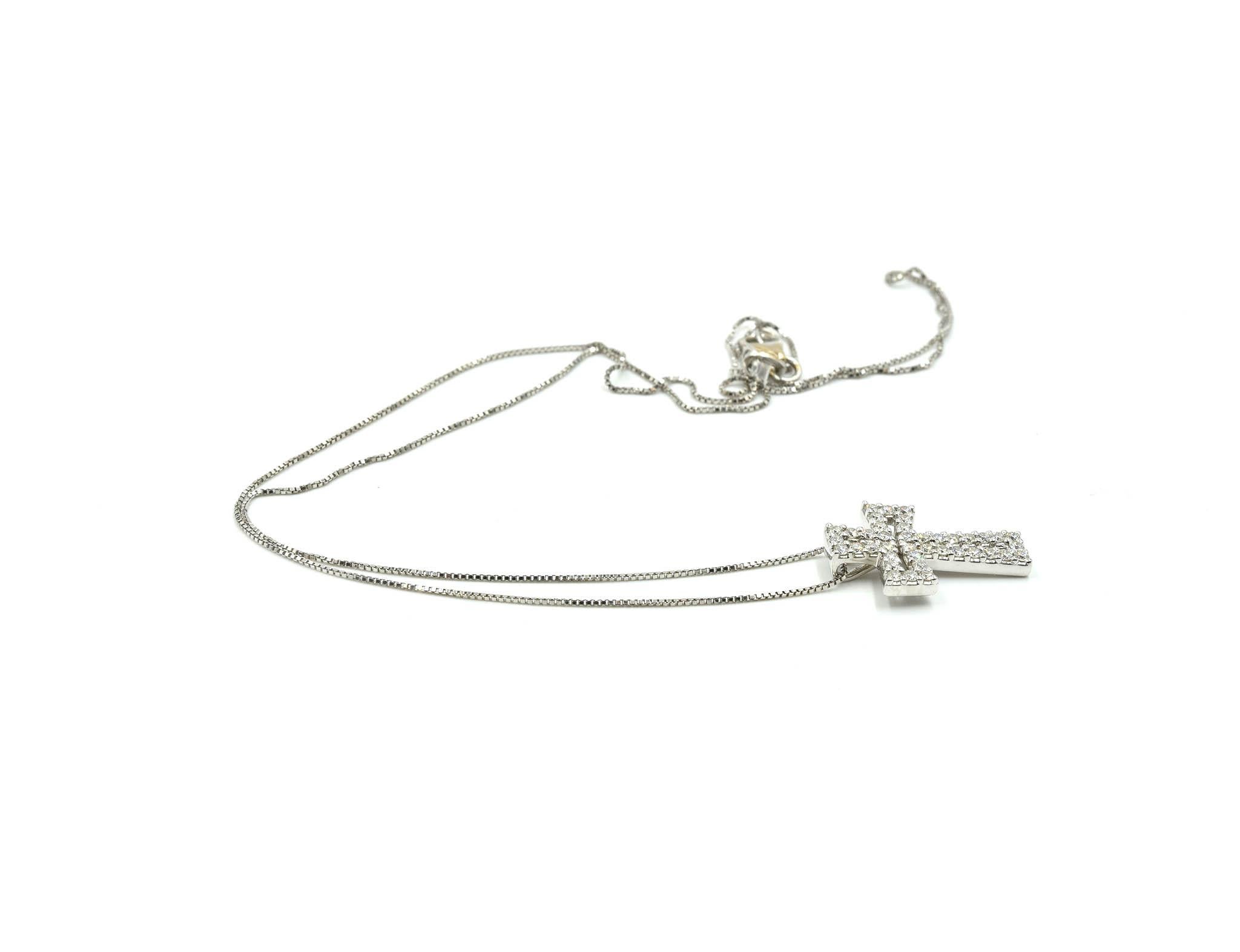 Modern 14 Karat White Gold Diamond Cross Necklace