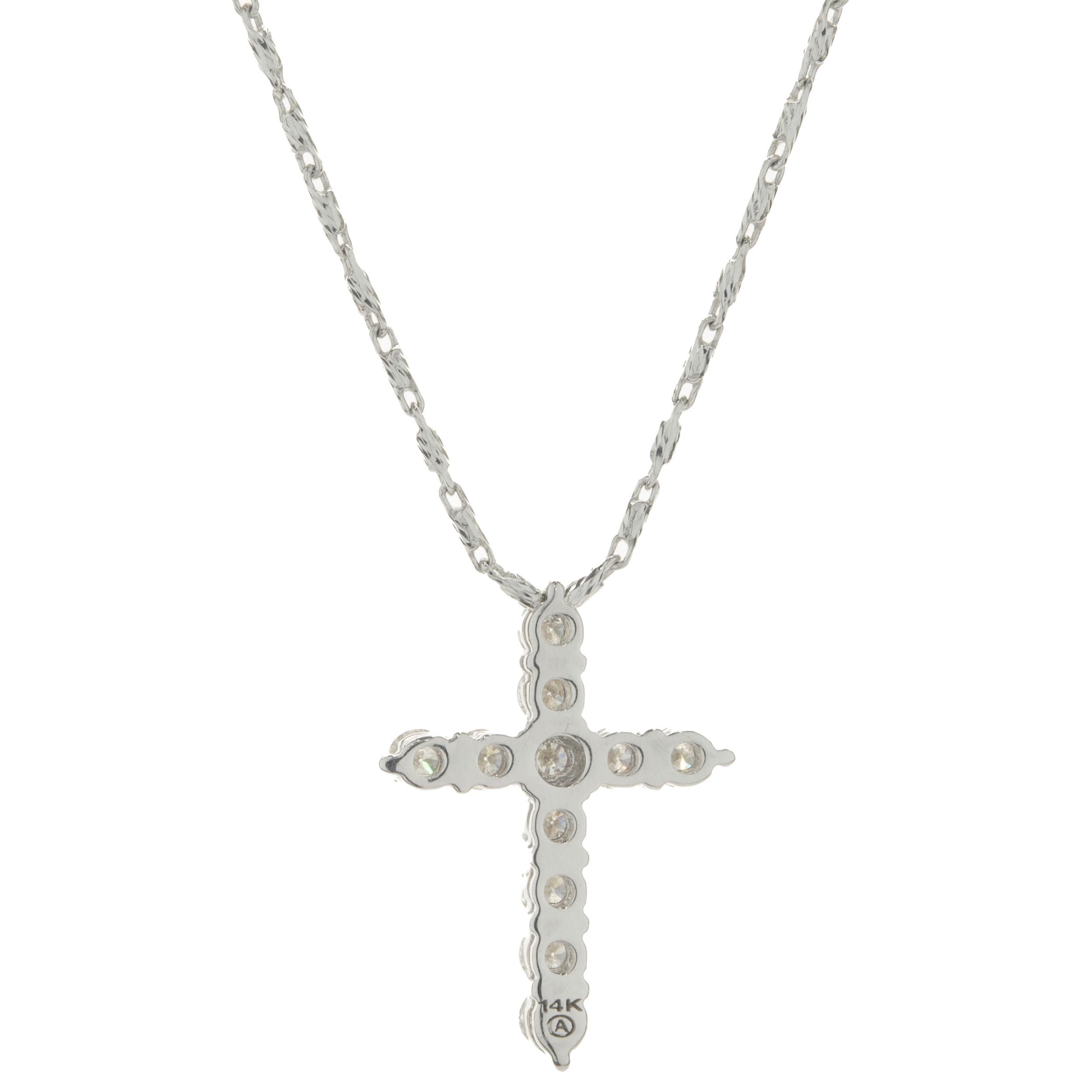 Round Cut 14 Karat White Gold Diamond Cross Necklace
