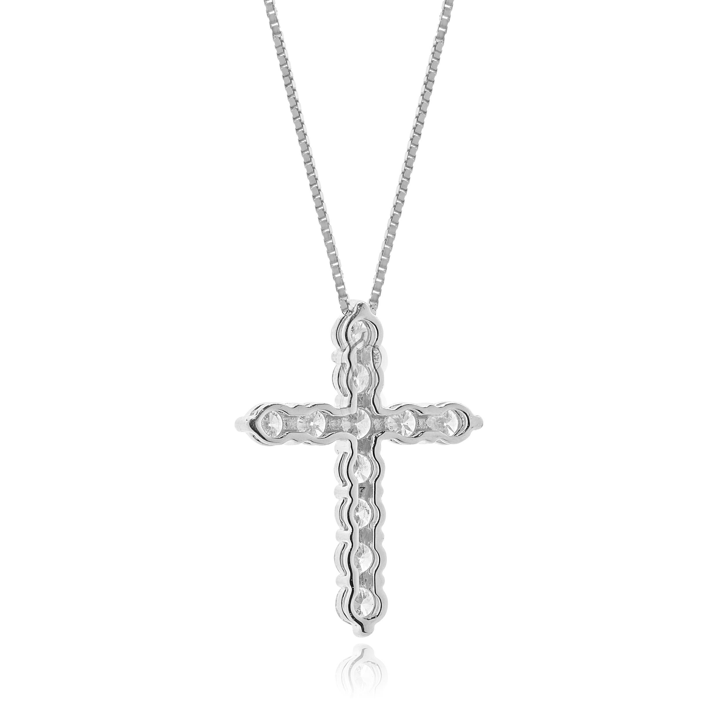 Round Cut 14 Karat White Gold Diamond Cross Necklace For Sale