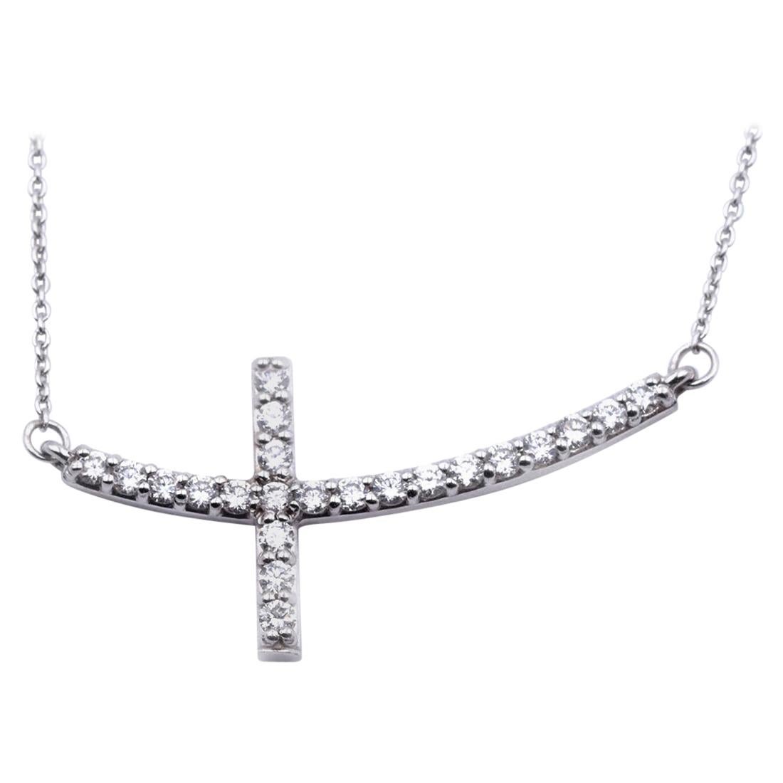 14 Karat White Gold Diamond Cross Necklace
