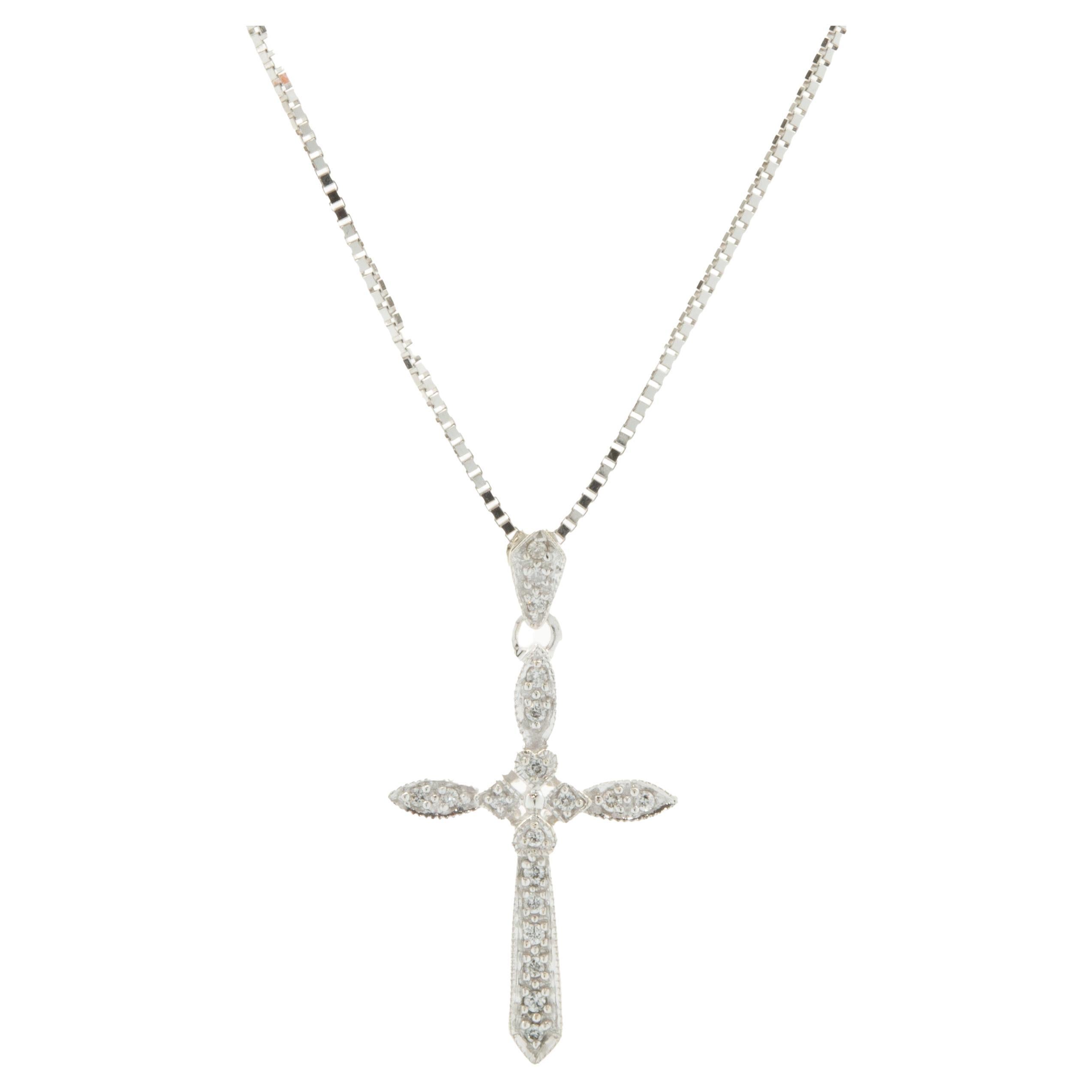 14 Karat White Gold Diamond Cross Necklace For Sale