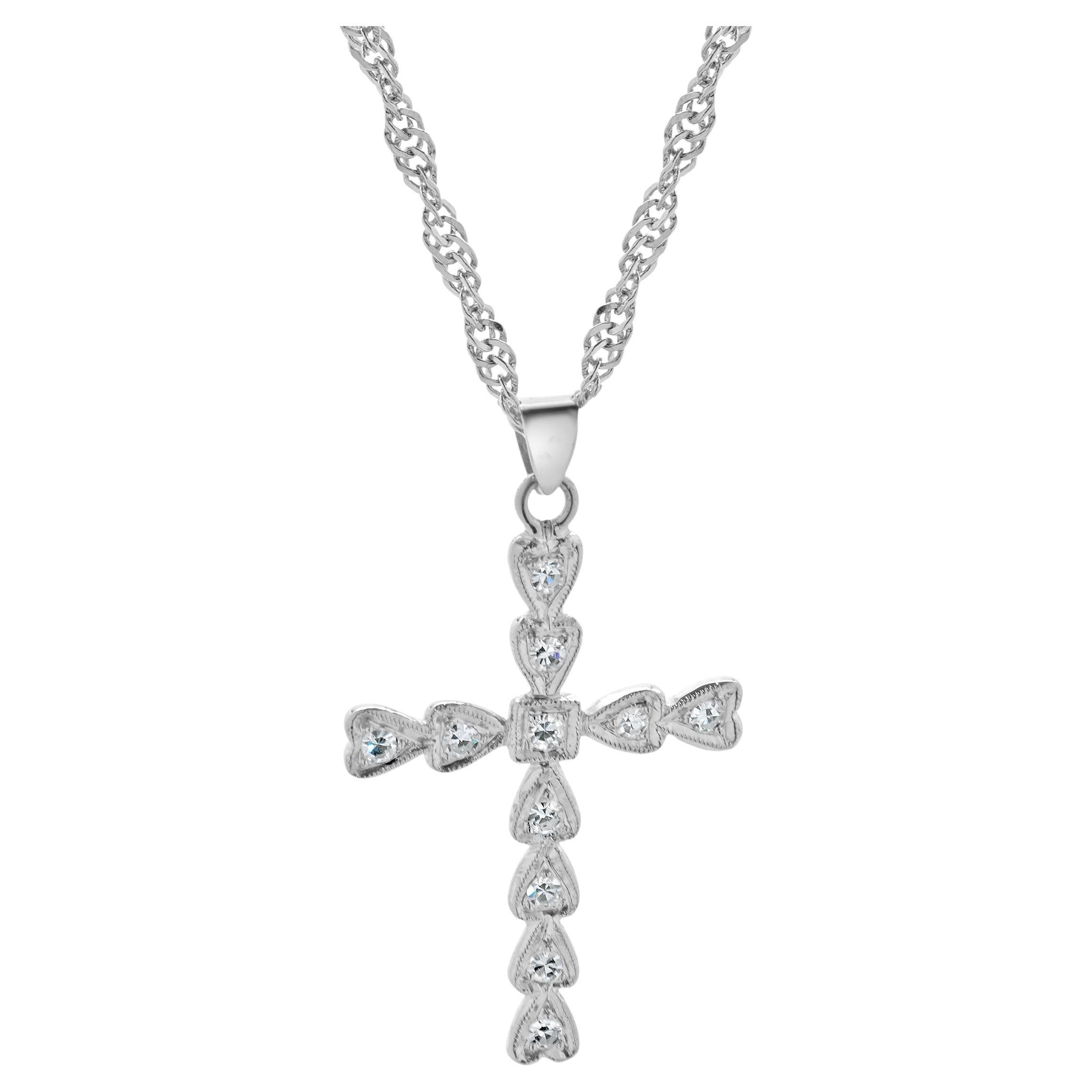 14 Karat White Gold Diamond Cross Necklace