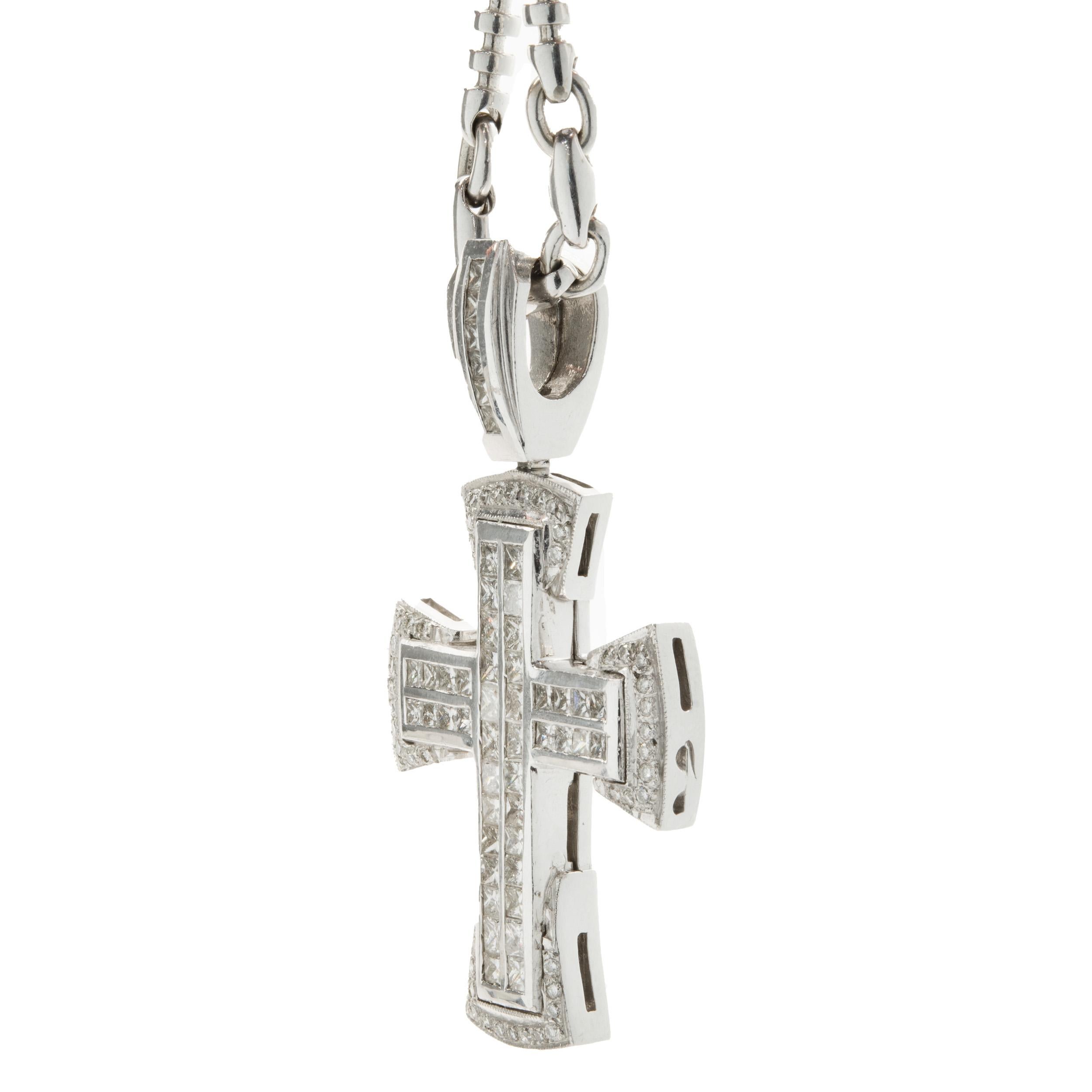 Princess Cut 14 Karat White Gold Diamond Cross Necklace on Metal Chain For Sale
