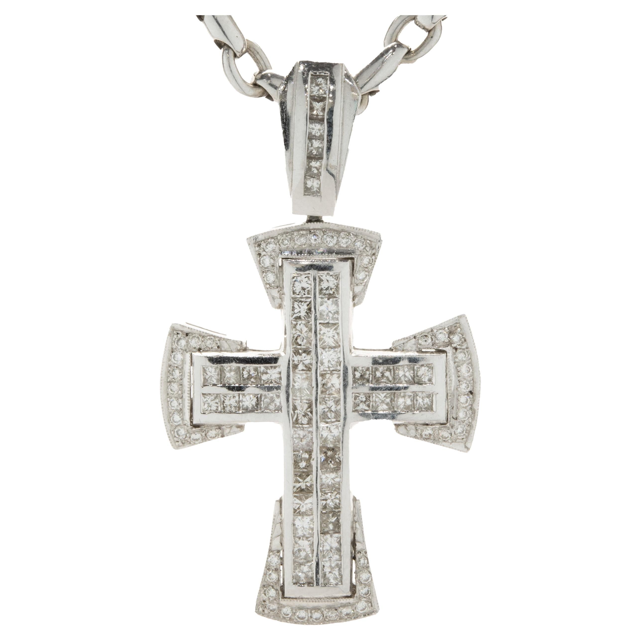 14 Karat White Gold Diamond Cross Necklace on Metal Chain For Sale
