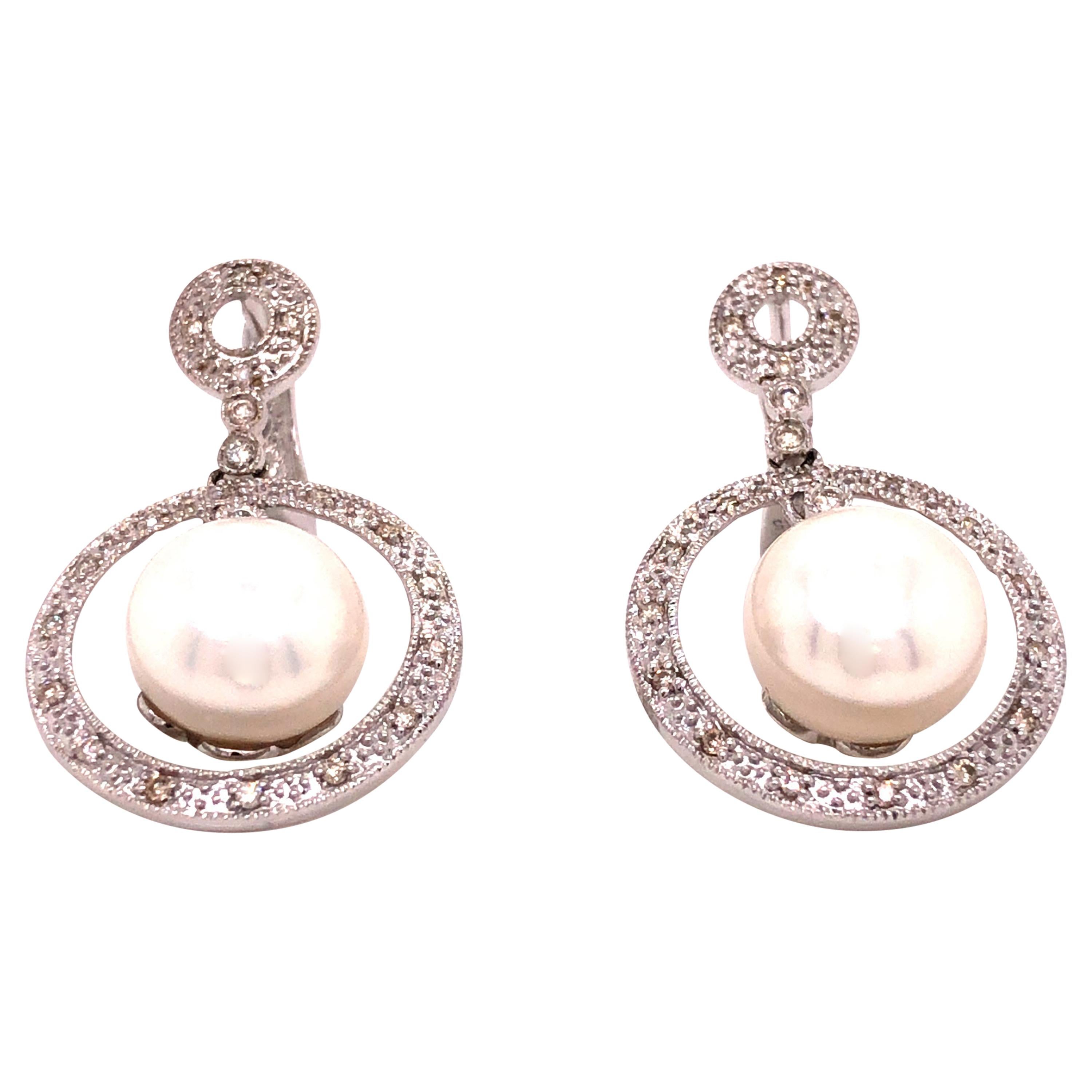 14 Karat White Gold Diamond Cultured Pearl Earrings