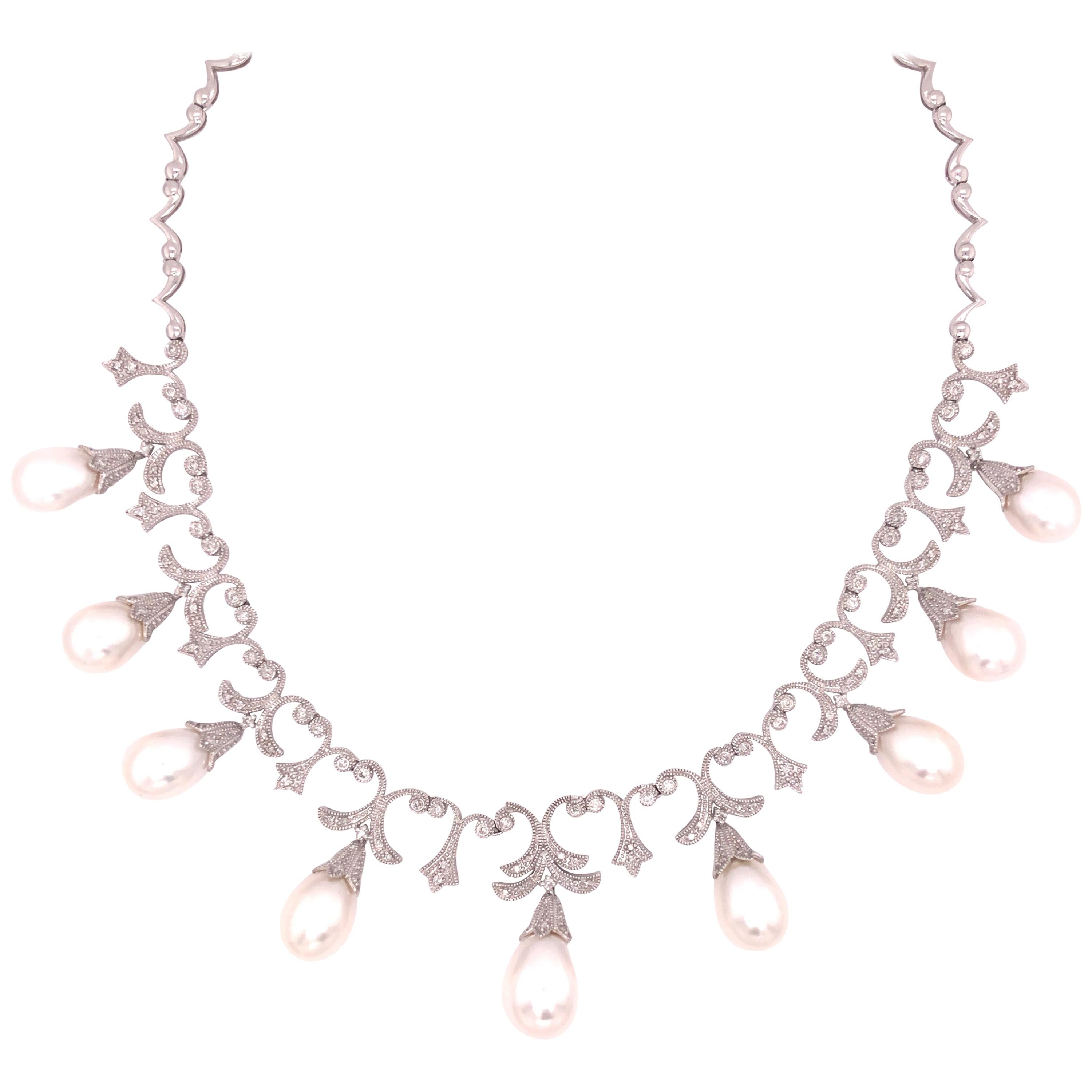 1960s Cultured Pearl and Diamond White Gold Necklace For Sale at 1stDibs