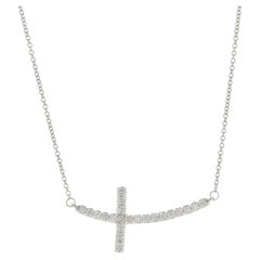 14 Karat White Gold Diamond Curve Cross Necklace