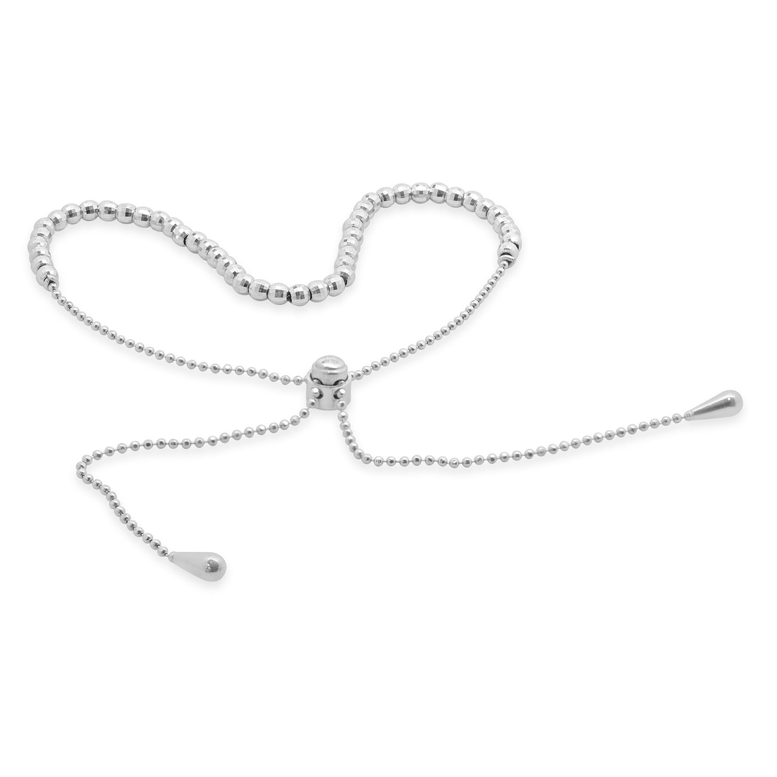 Women's 14 Karat White Gold Diamond Cut Adjustable Beaded Bracelet For Sale