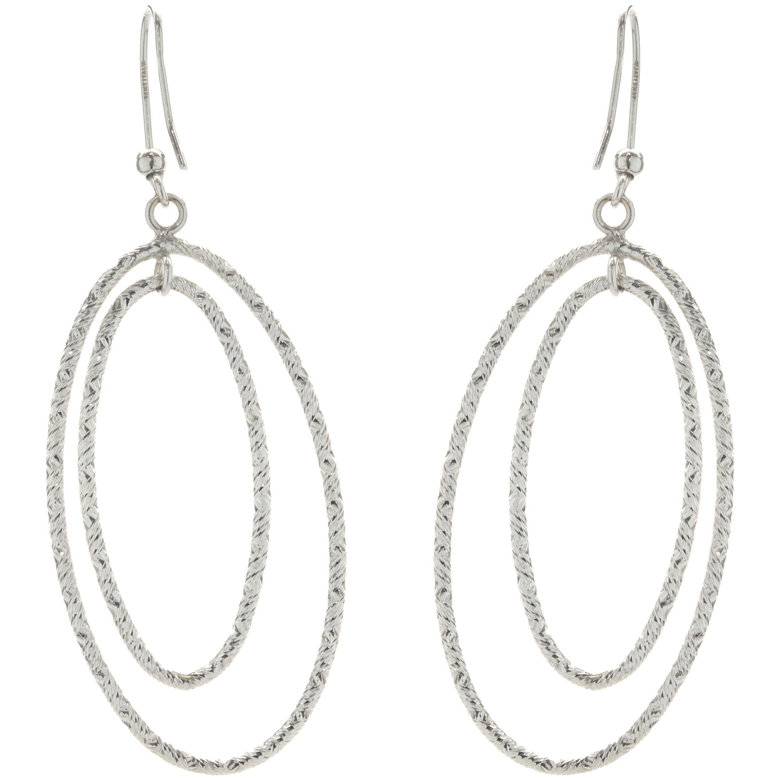 Women's 14 Karat White Gold Diamond Cut Double Oval Drop Earrings For Sale