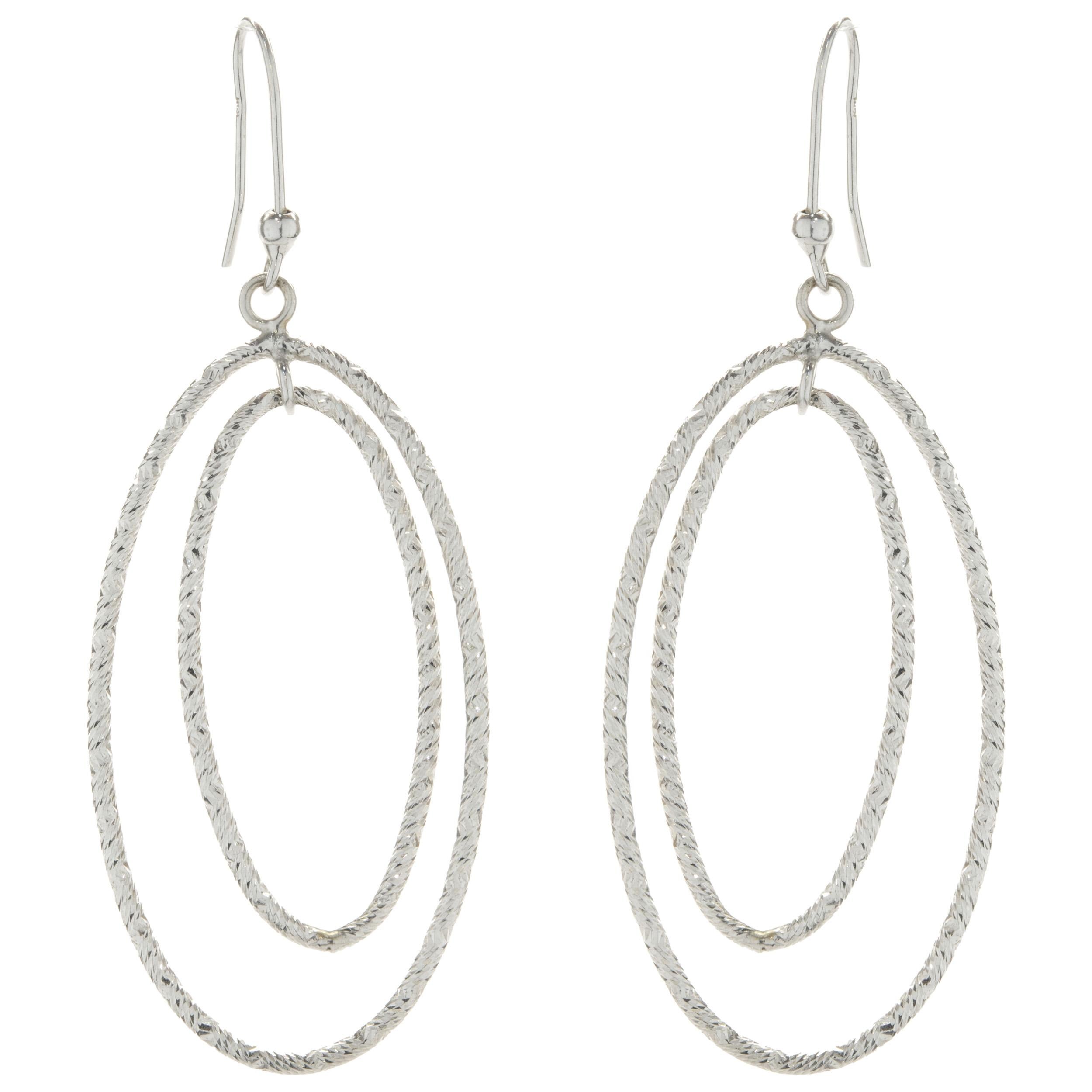 14 Karat White Gold Diamond Cut Double Oval Drop Earrings For Sale