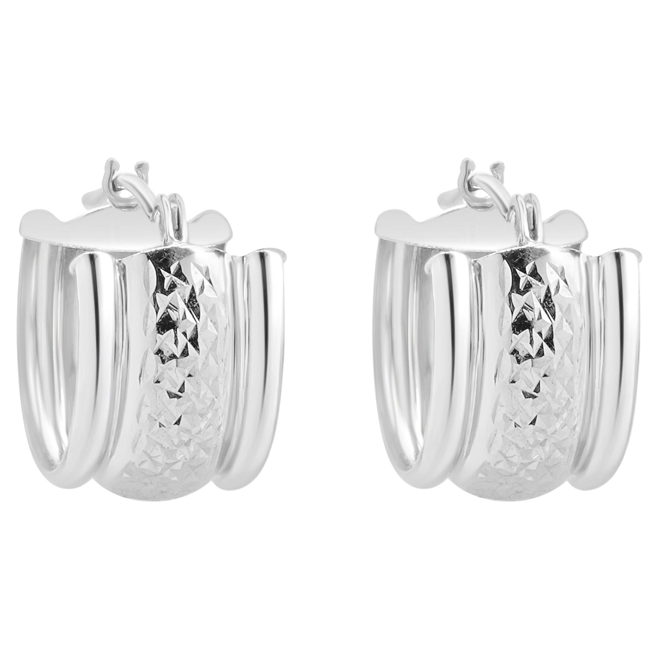 14 Karat White Gold Diamond Cut Huggie Hoop Earrings For Sale