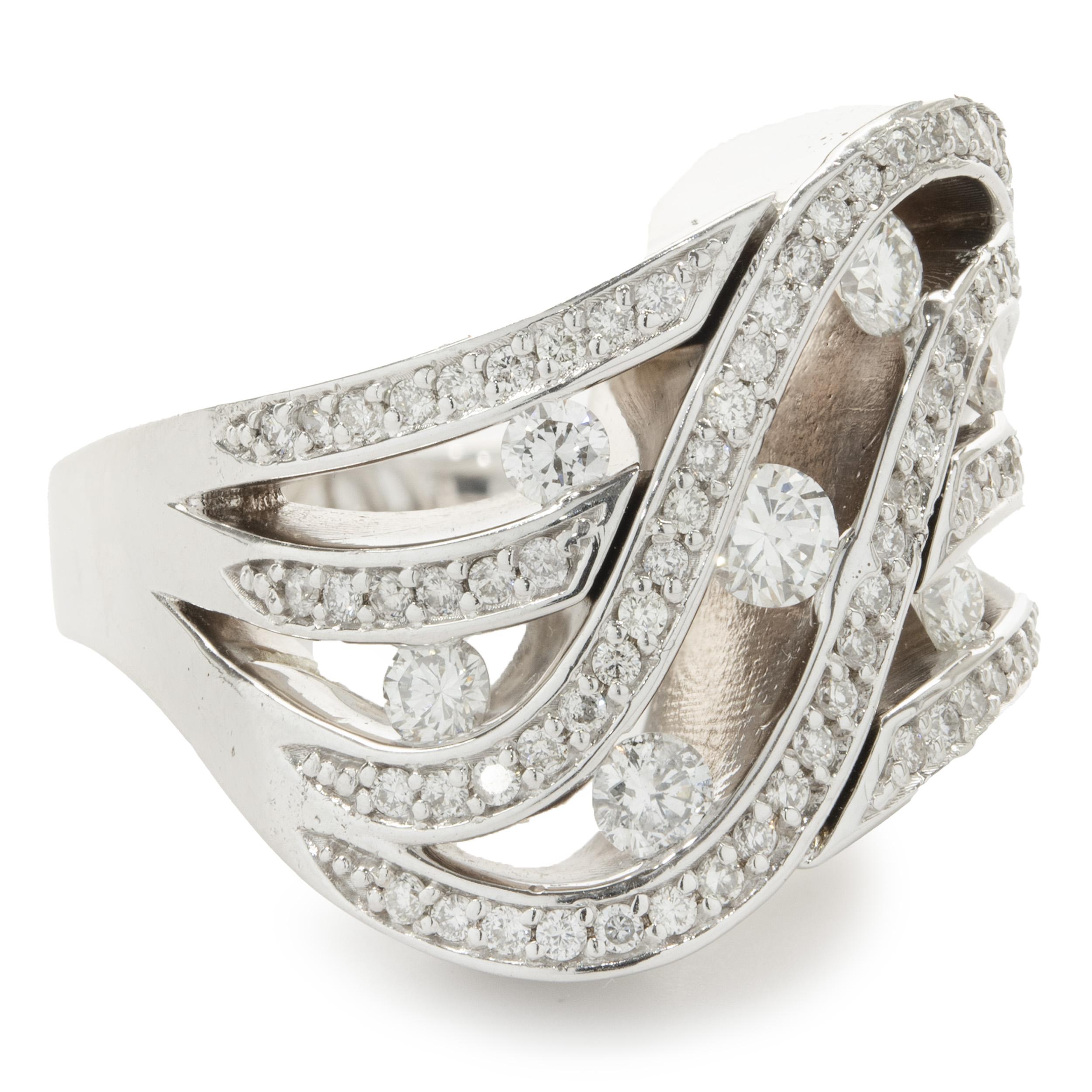 Round Cut 14 Karat White Gold Diamond Cut Out Wave Ring For Sale