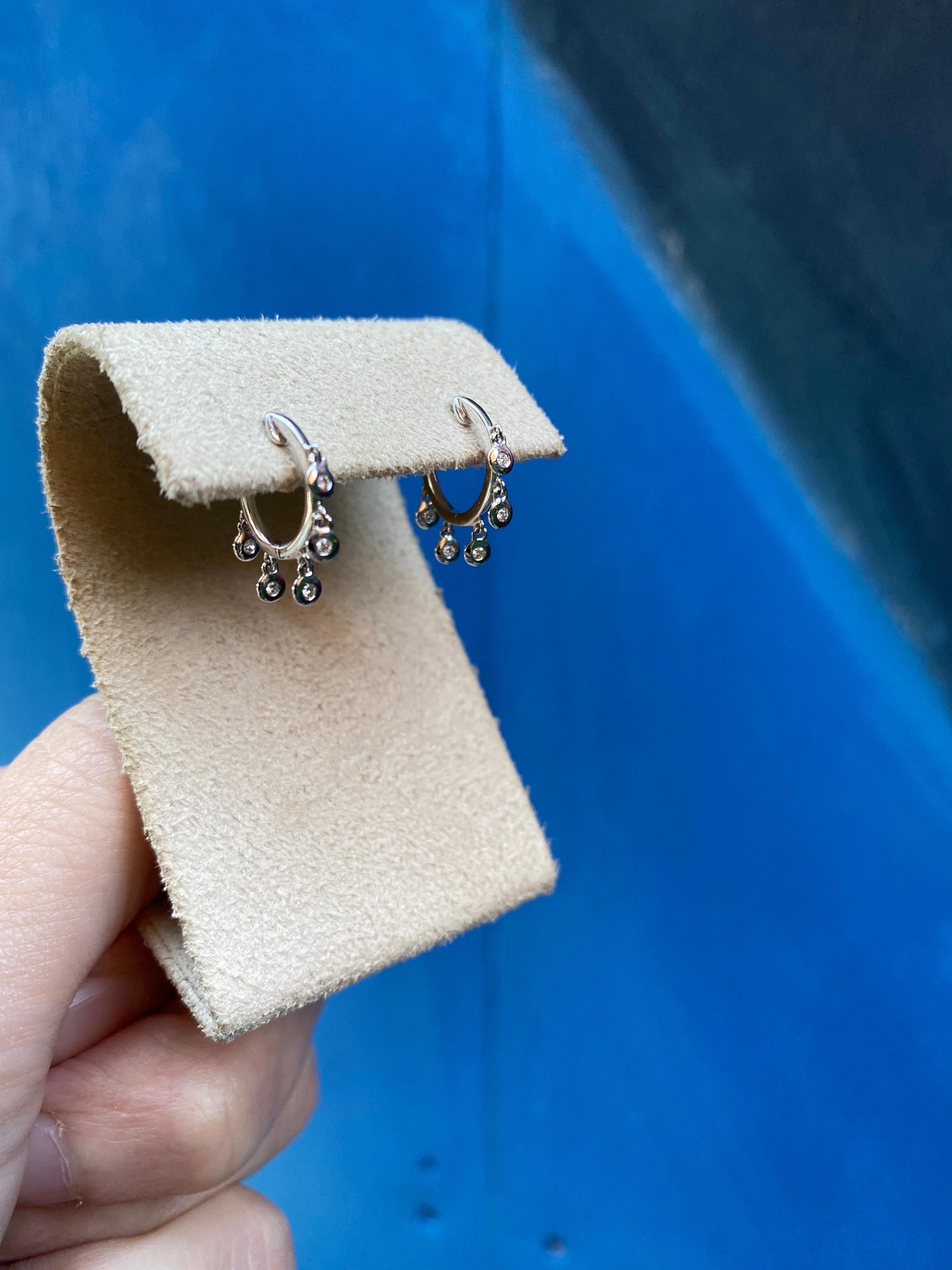 Women's or Men's 14 Karat White Gold Diamond Dangling Huggie Hoop Earrings For Sale