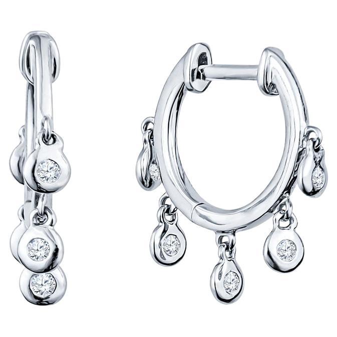 14 Karat White Gold Diamond Dangling Huggie Hoop Earrings For Sale