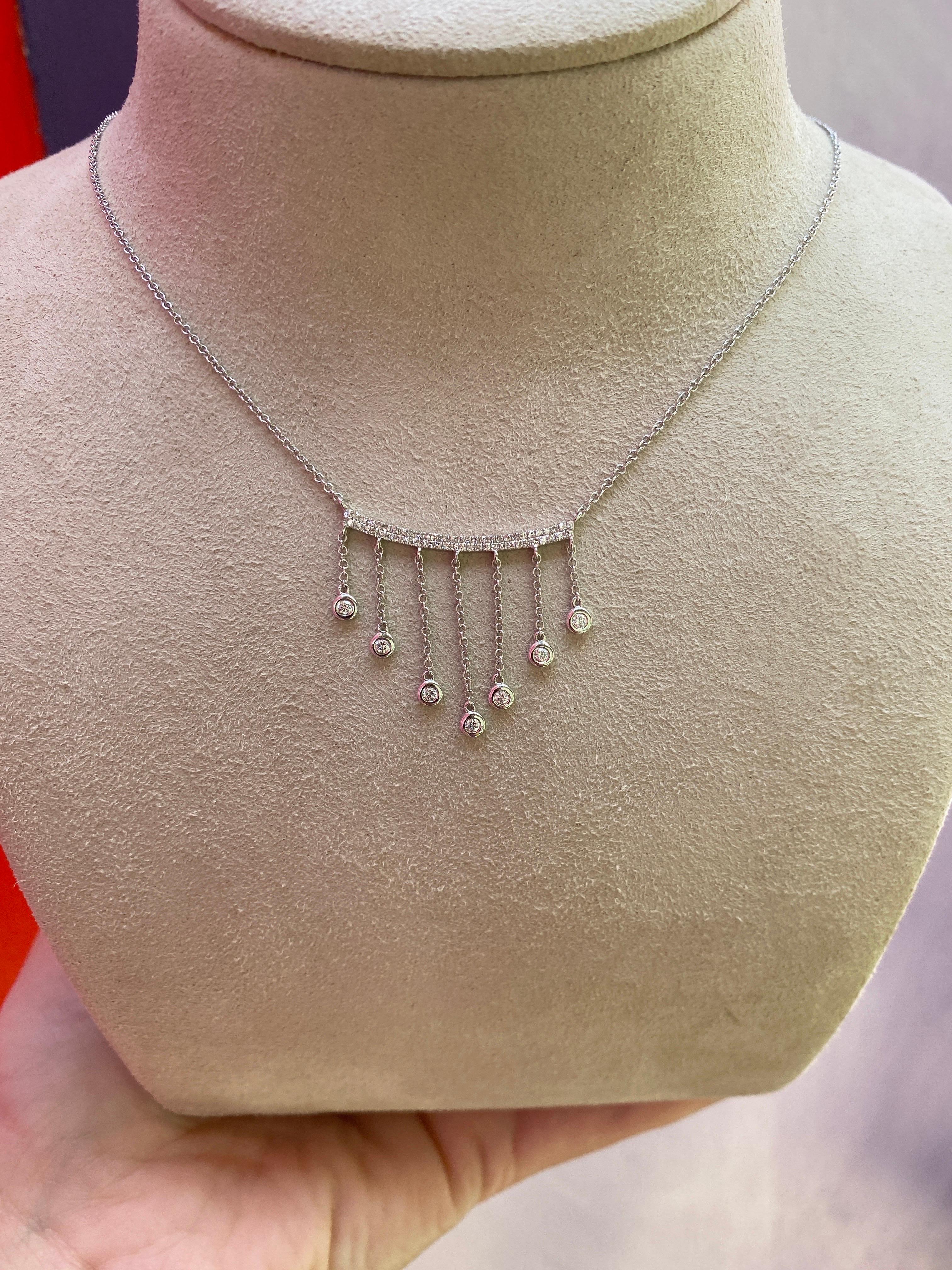 14 Karat White Gold Diamond Dangling Tassels Necklace In New Condition For Sale In Houston, TX