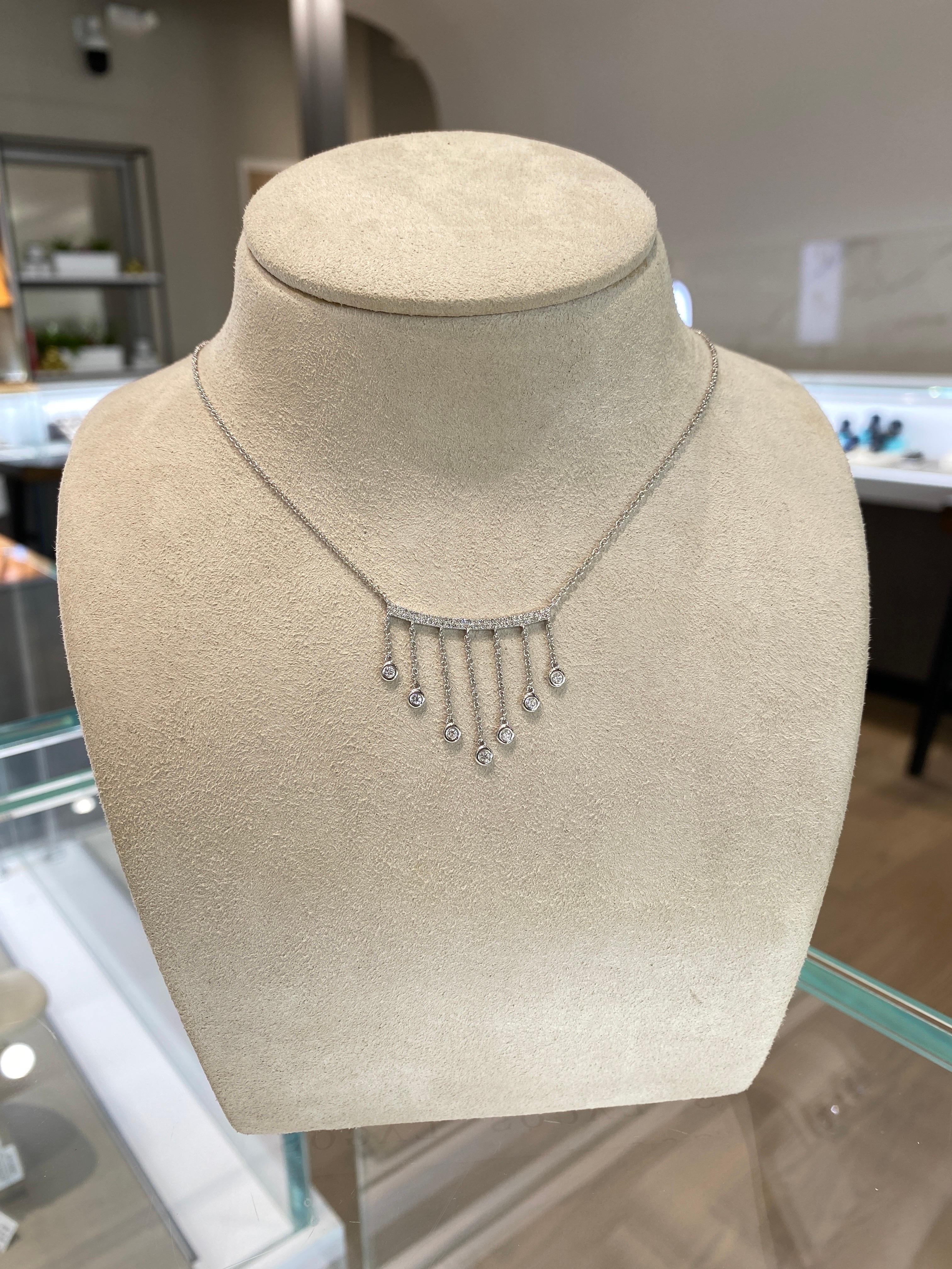 14 Karat White Gold Diamond Dangling Tassels Necklace For Sale 1