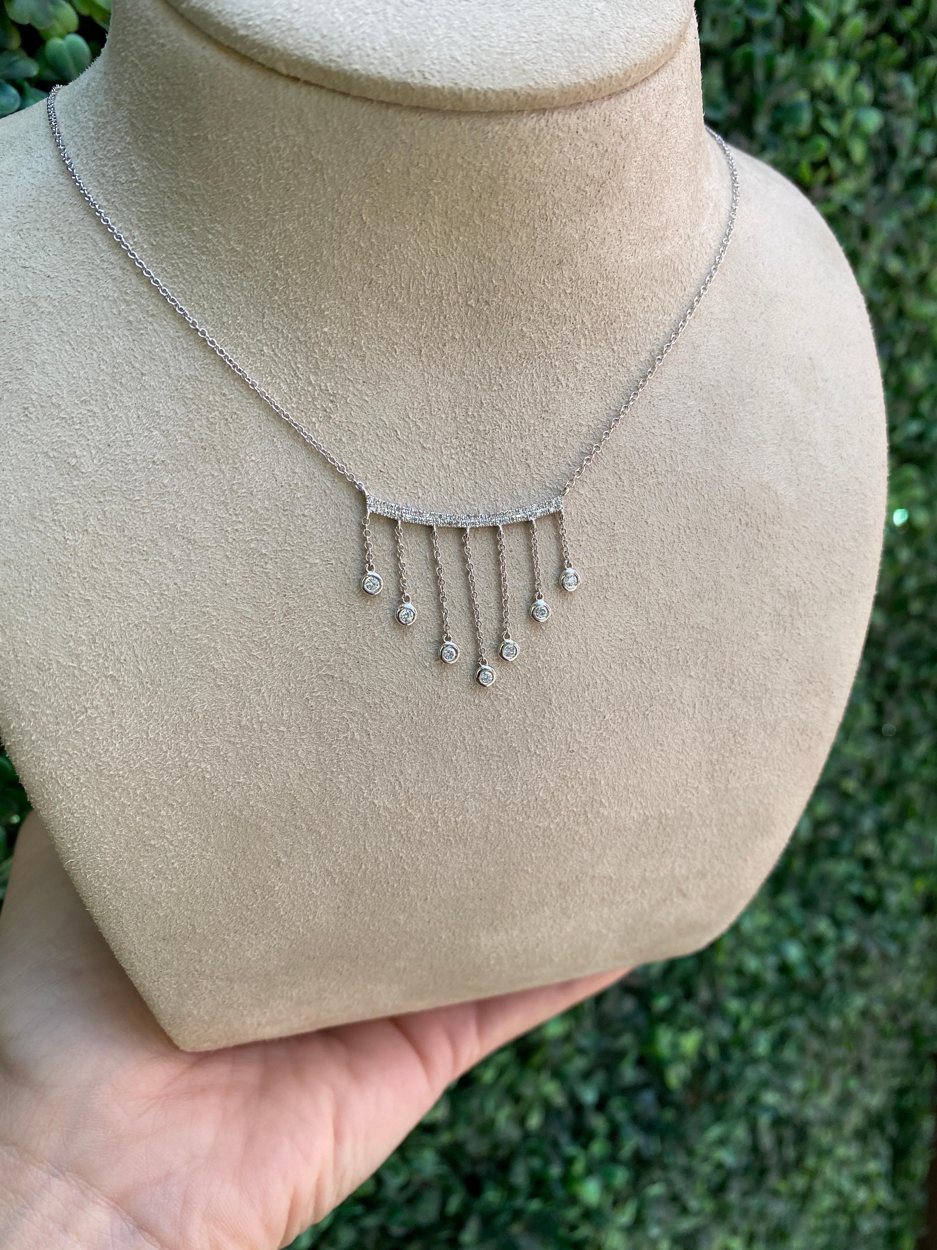 14 Karat White Gold Diamond Dangling Tassels Necklace For Sale 4