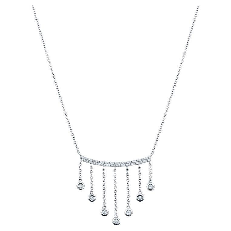 14 Karat White Gold Diamond Dangling Tassels Necklace For Sale