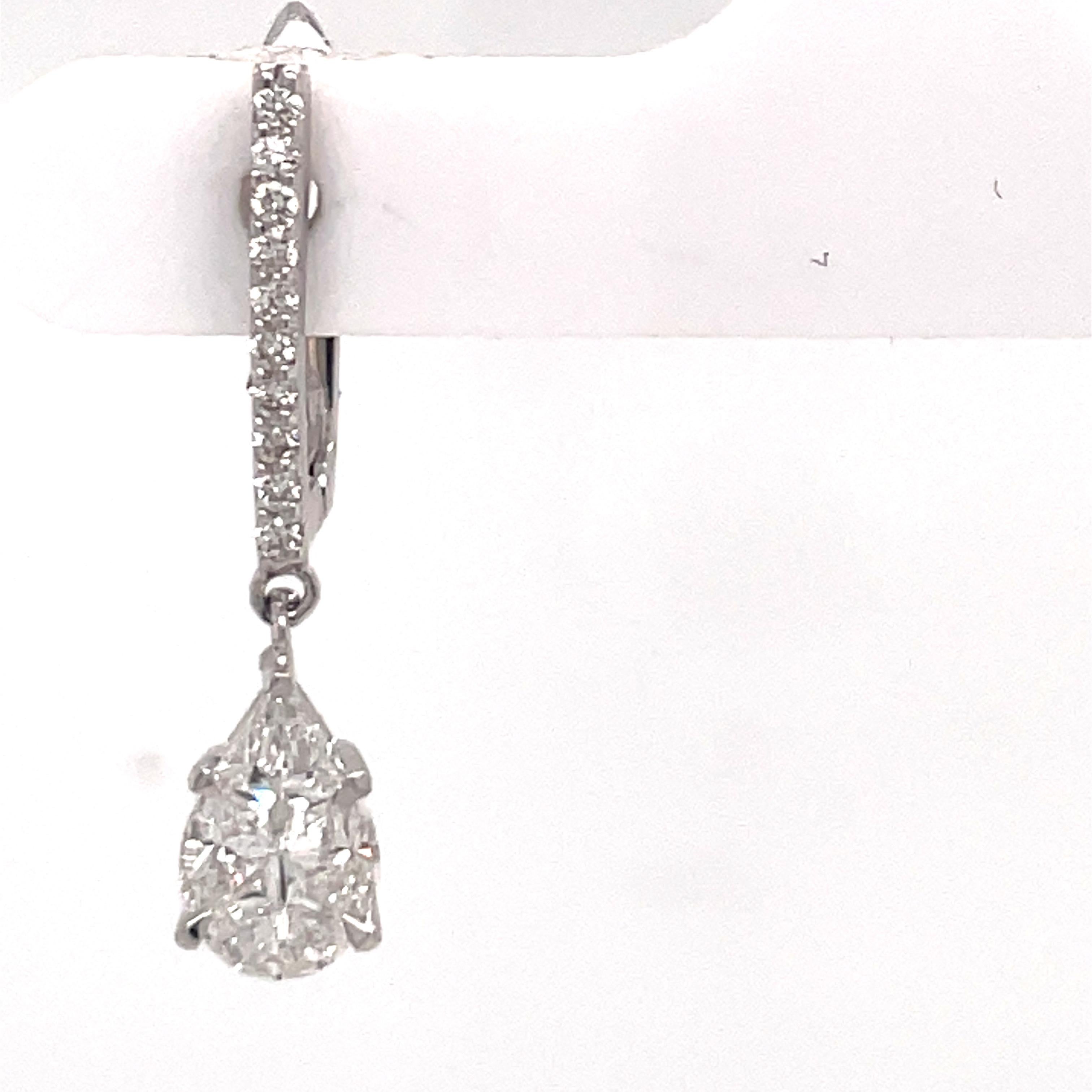 Contemporary 14 Karat White Gold Diamond Drop Invisible Setting Earrings 1.40 Carats For Sale