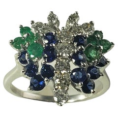  14 Karat White Gold Diamond, Emerald and Sapphire Butterfly Ring Size 8.5 