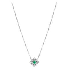 14 Karat White Gold Diamond Emerald Square Filigree Art Deco Style Necklace