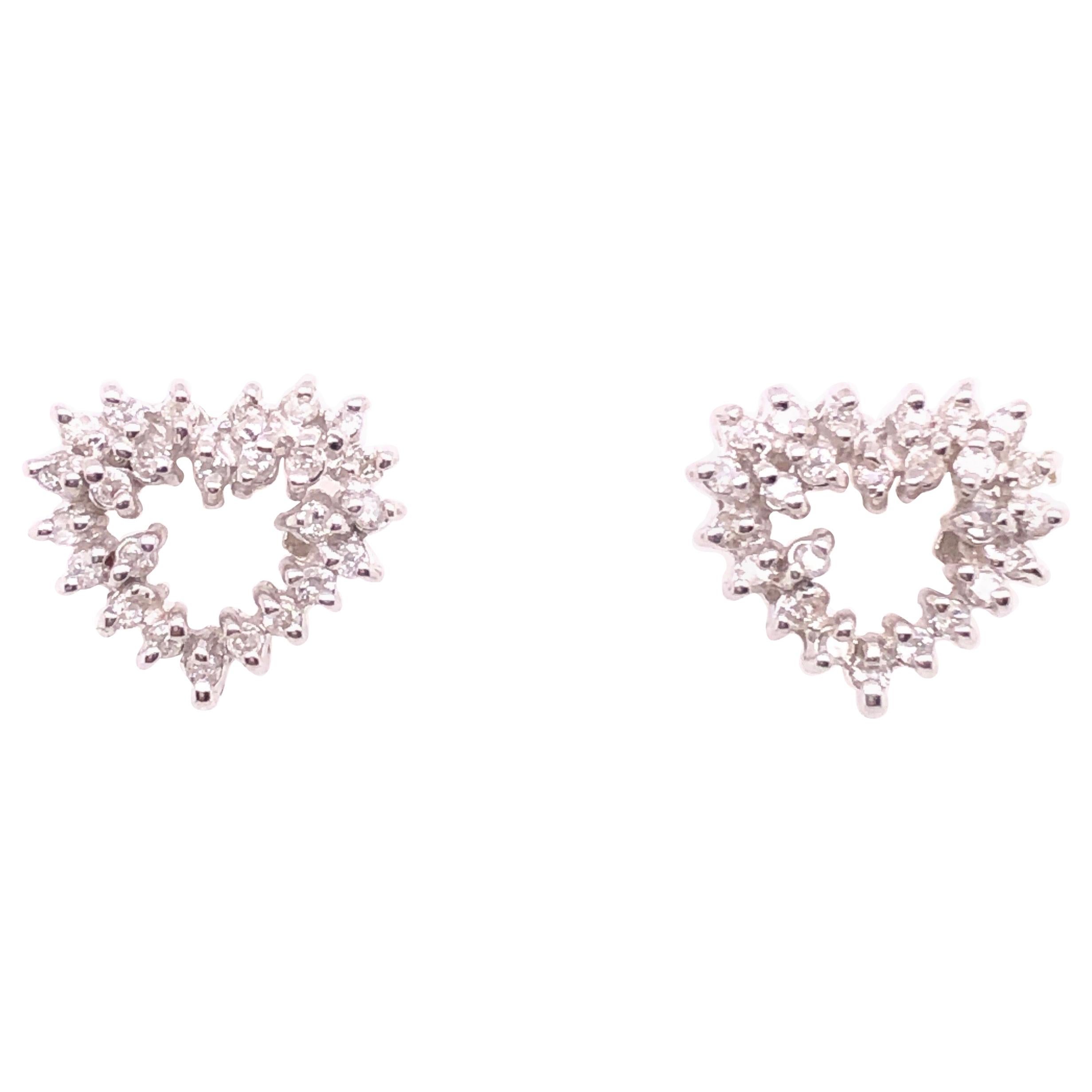 14 Karat White Gold Diamond Encrusted Heart Button / Stud Earrings For Sale