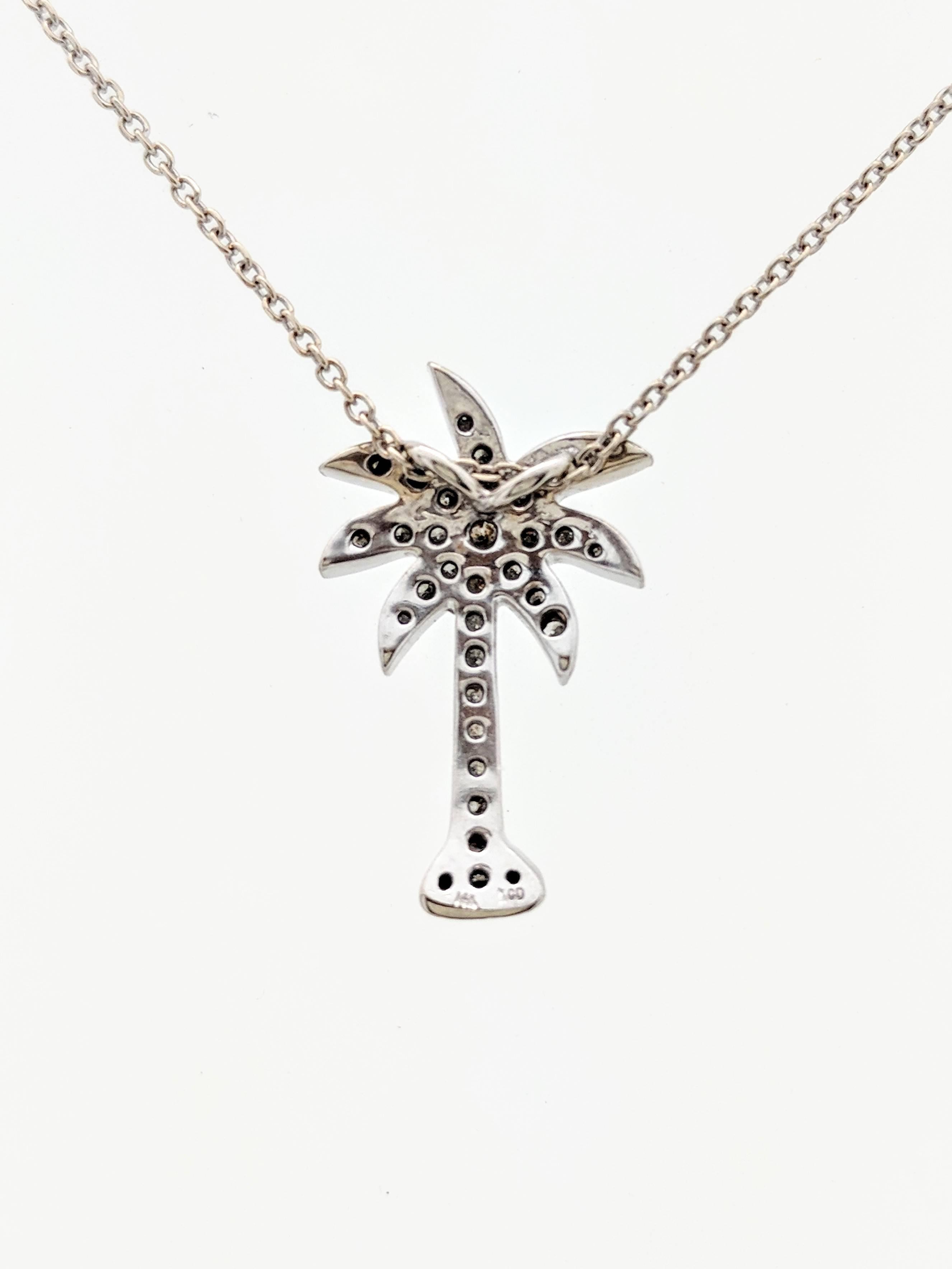 Round Cut 14 Karat White Gold Diamond Encrusted Palm Tree Pendant Necklace