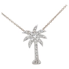 14 Karat White Gold Diamond Encrusted Palm Tree Pendant Necklace