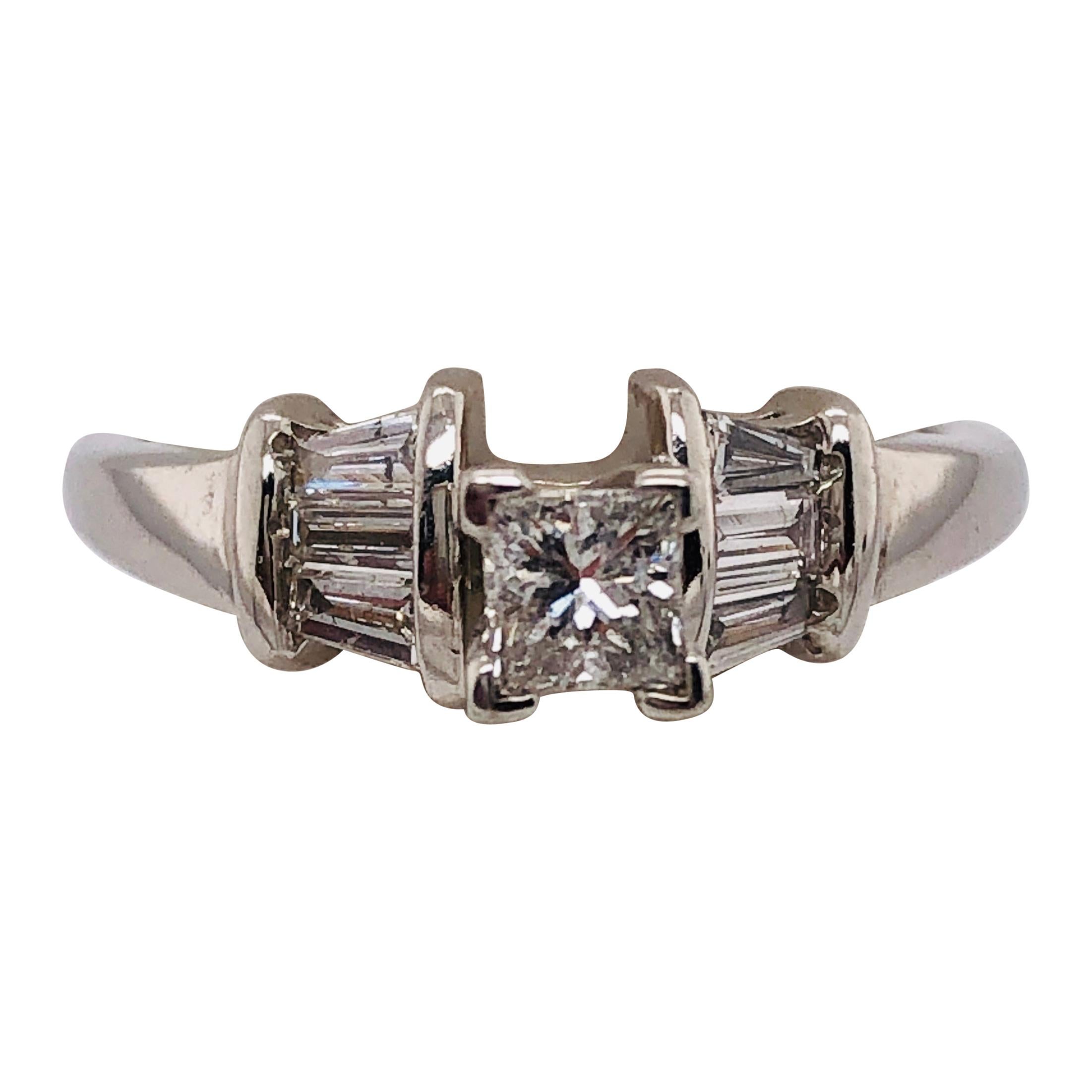 14 Karat White Gold Diamond Engagement Ring Side Baguette Cut Diamonds