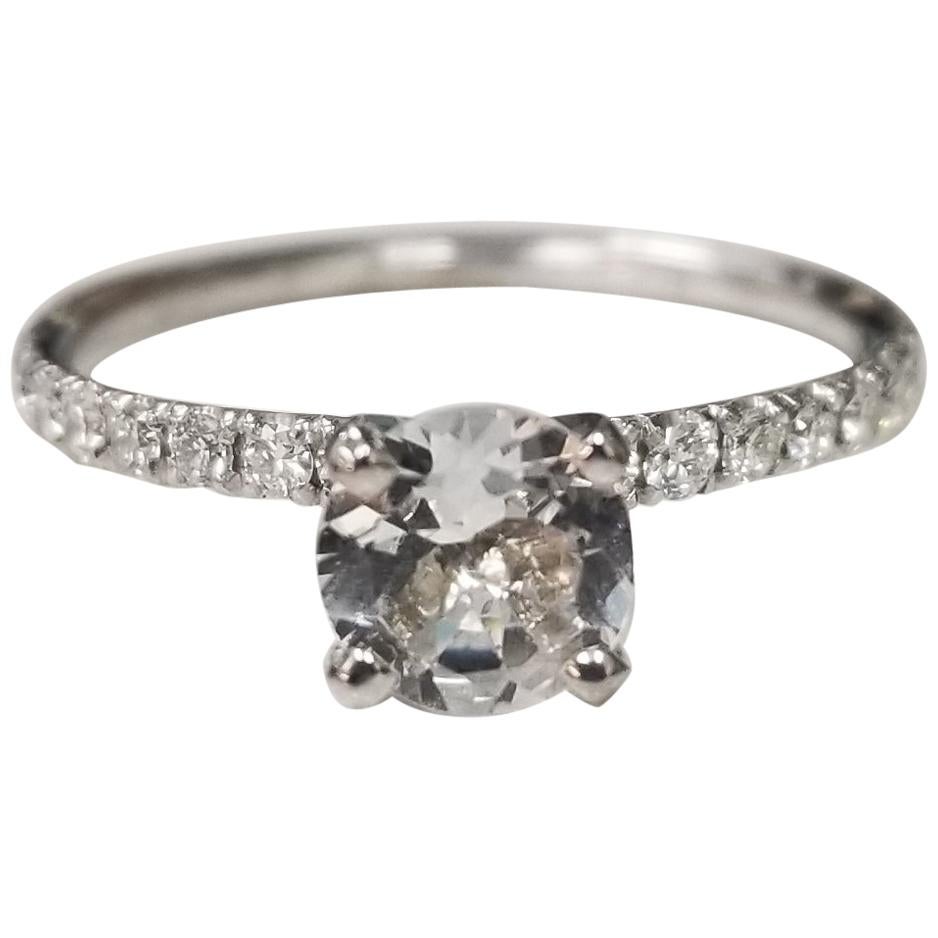 14 Karat White Gold Diamond Engagement Ring with White Sapphire Center