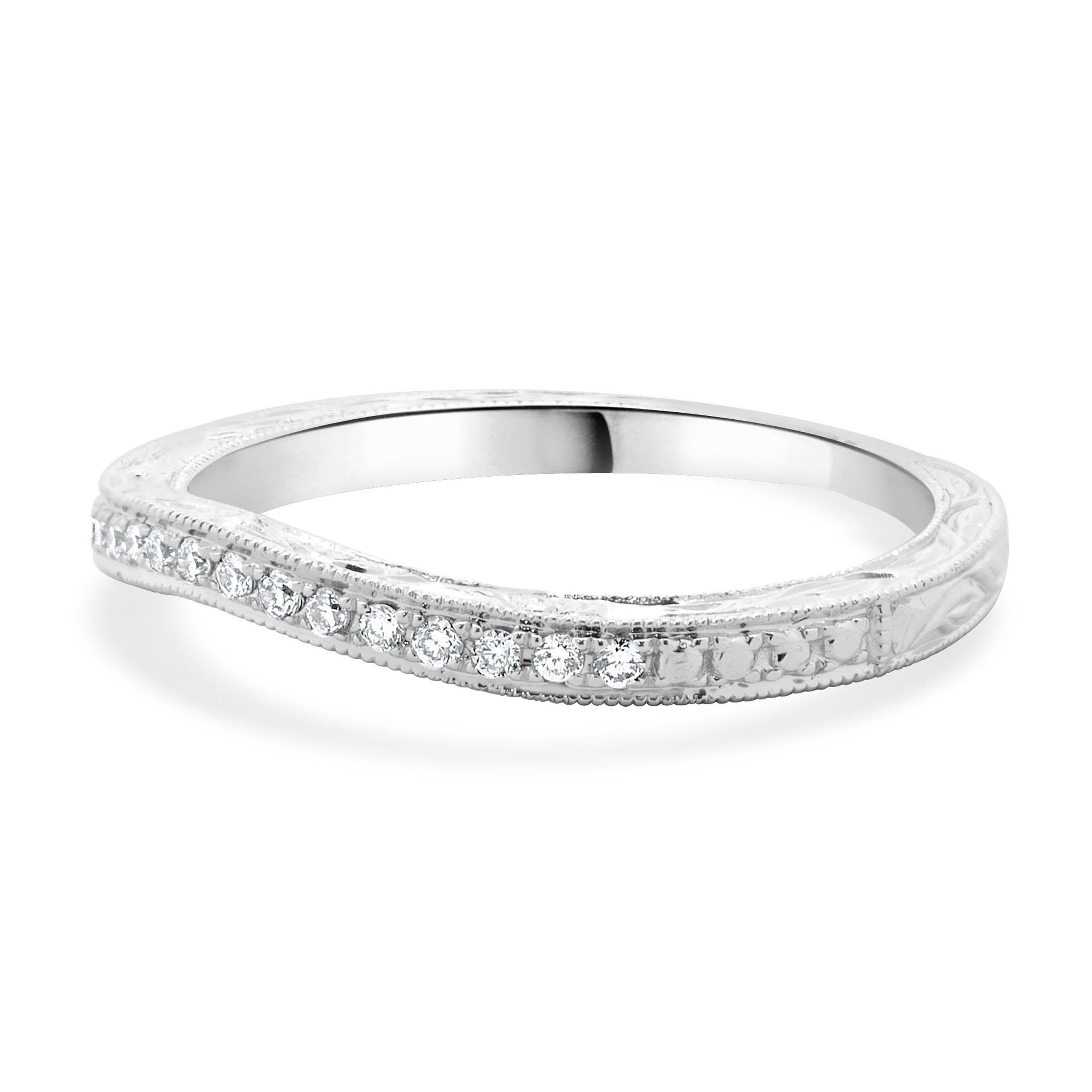 Designer: Custom
Material: 14K white gold
Diamonds: 17 round brilliant cut = 0.09cttw
Color: H
Clarity: SI1
Size: 5 sizing available 
Dimensions: ring measures 2mm in width
Weight: 2.00 grams
