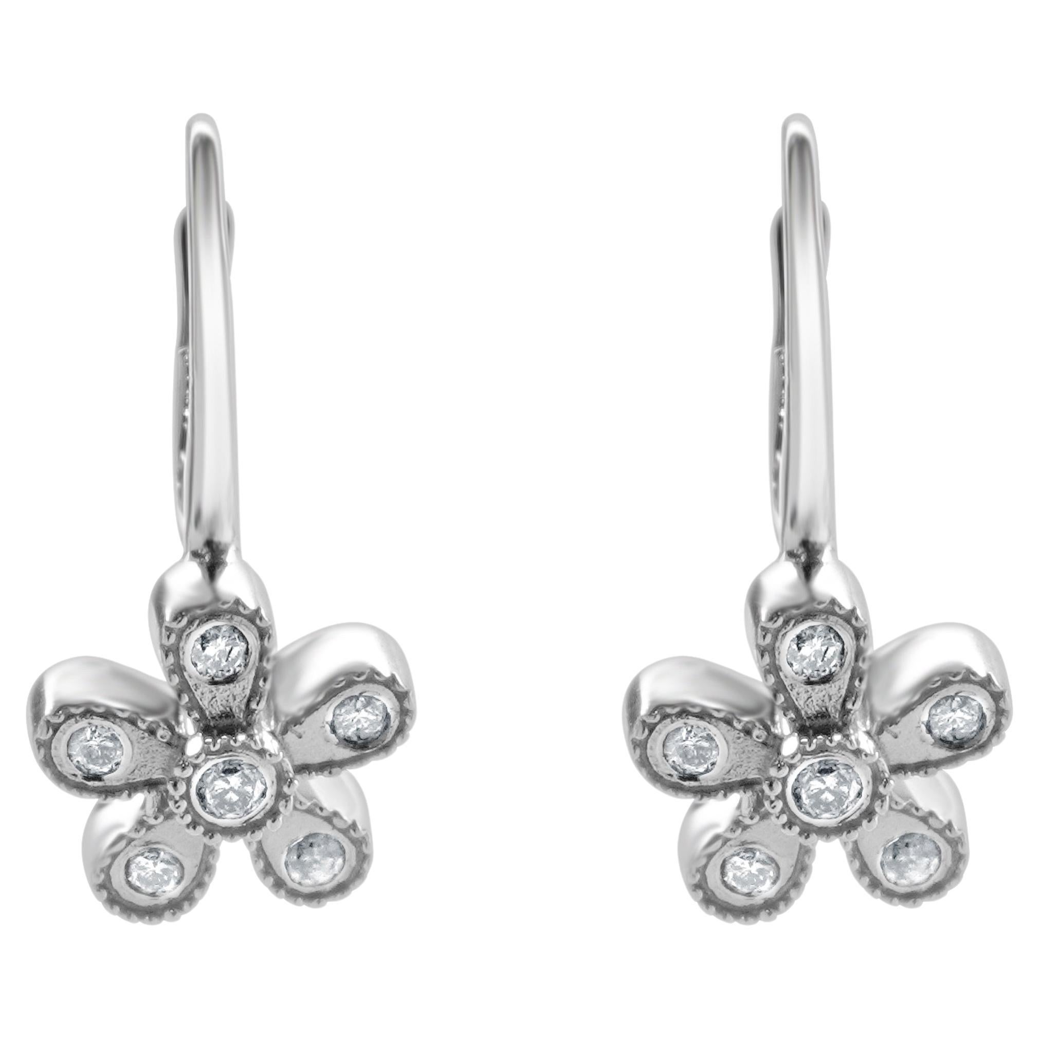 14 Karat White Gold Diamond Flower Drop Earrings