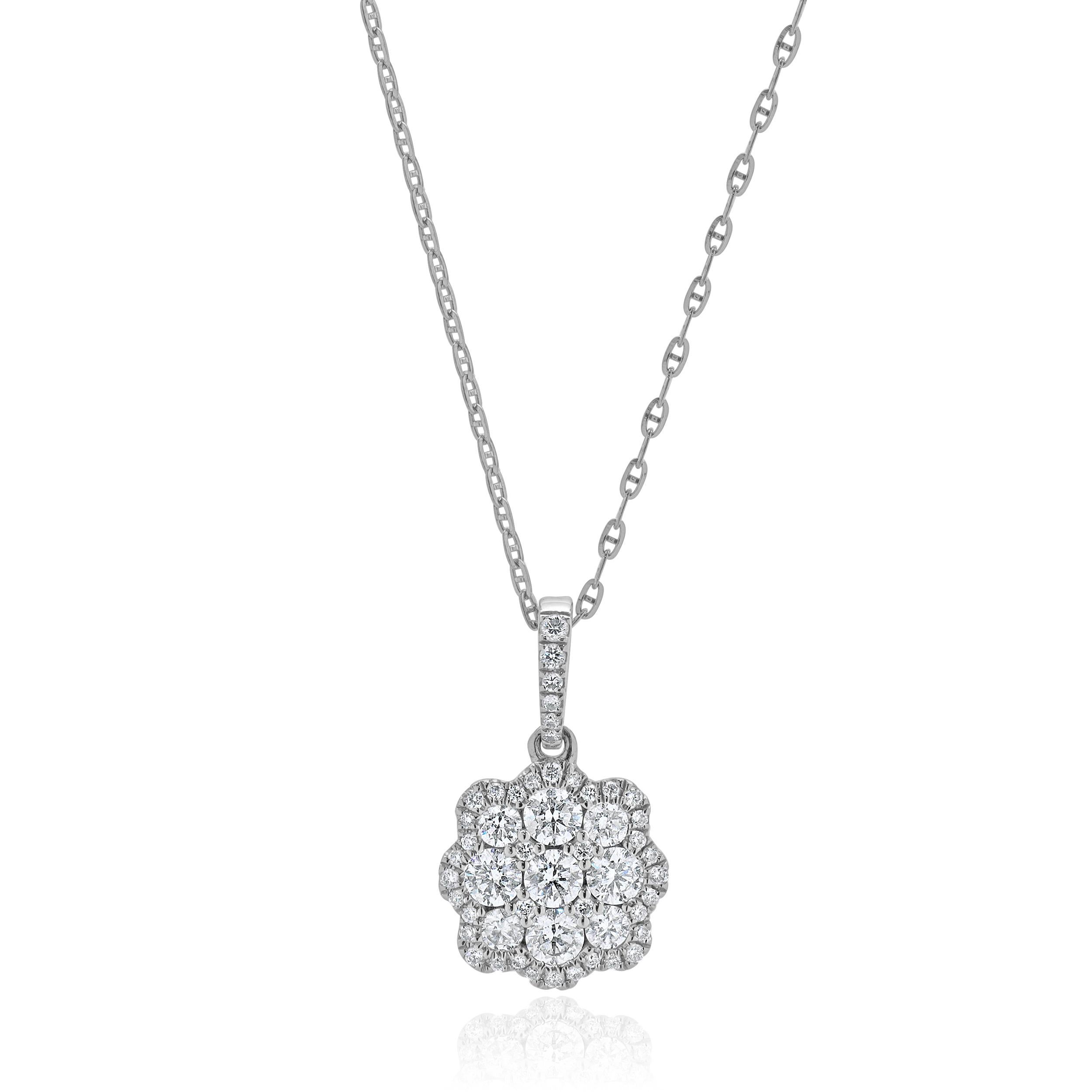 Designer: custom
Material: 14K white gold
Diamonds: round brilliant = 0.72cttw
Color: G/H
Clarity: VS-SI1
Dimensions: necklace measures 18-inches in length
Weight: 2.98 grams