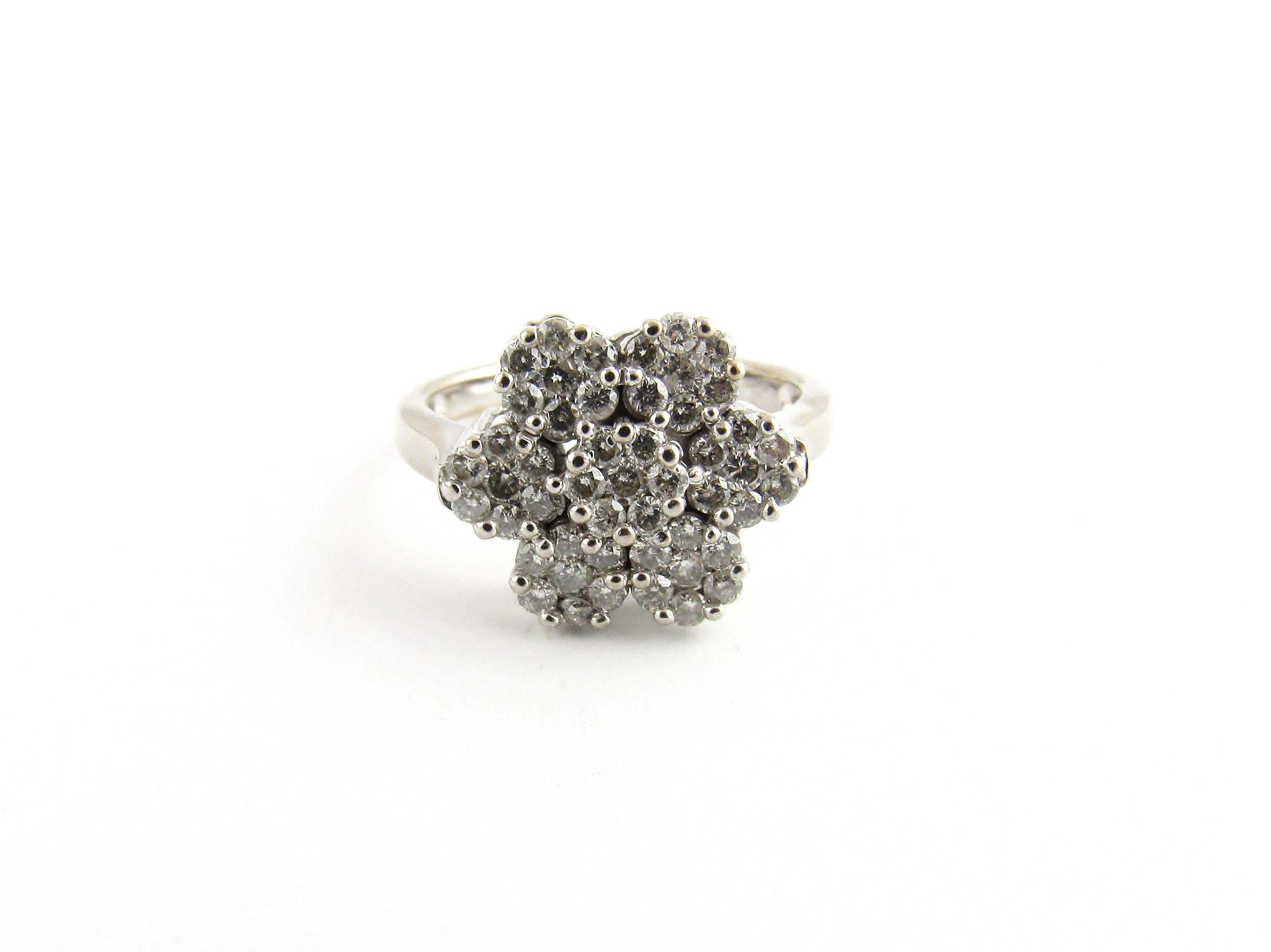 Vintage 14 Karat White Gold Diamond Flower Ring Size 7

This stunning ring features 49 round brilliant cut diamonds set in an exquisite floral design. Top of ring measures 15 mm. Shank measures 2.5 mm.

Approximate total diamond weight: 1