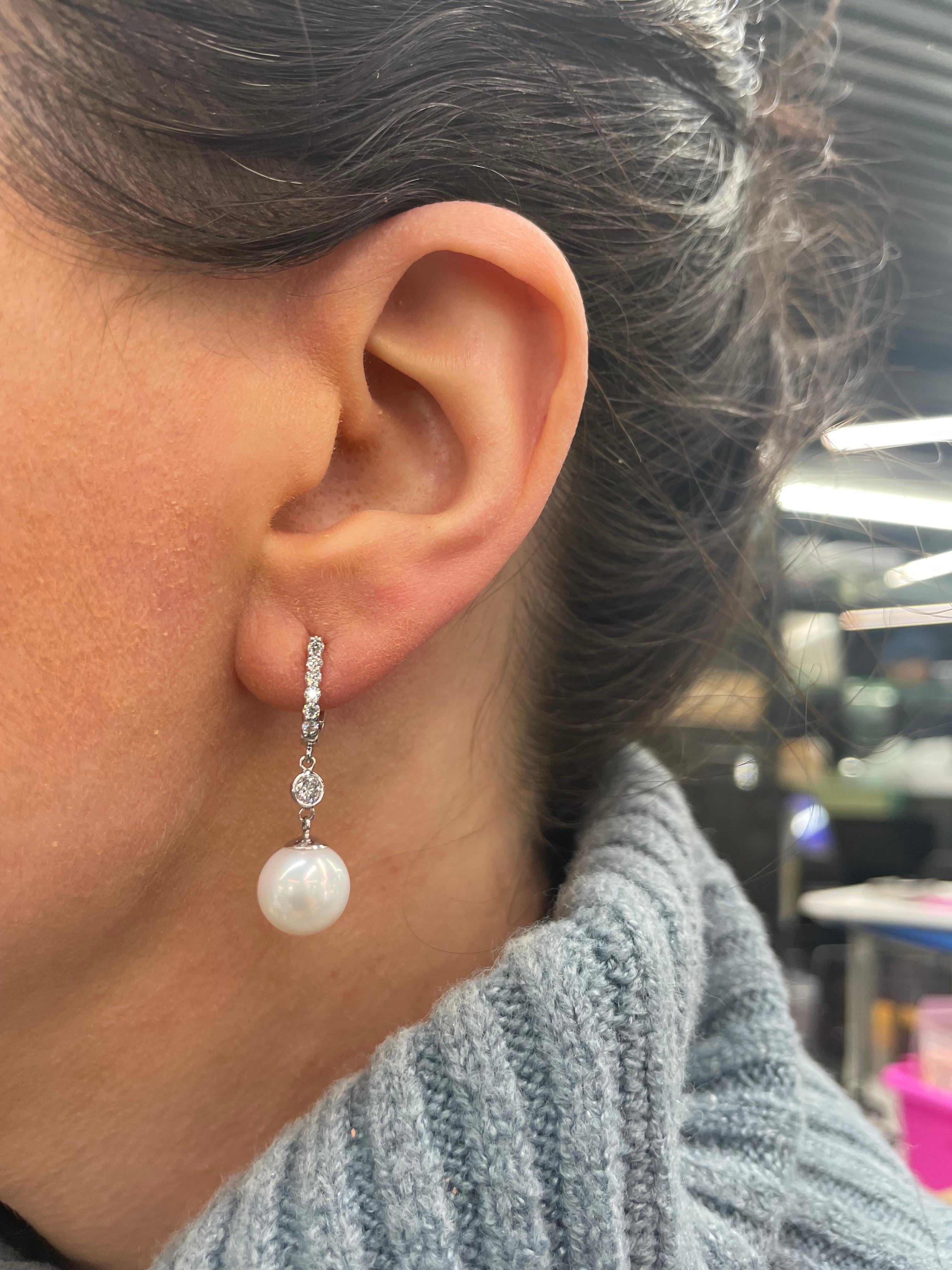 14 Karat White Gold Diamond Freshwater Pearl Earrings 0.48 Carats For Sale 1