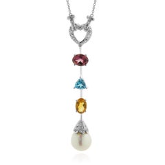 14k WG Diamond, Garnet, Blue Topaz, Citrine, and Pearl Heart Drop Necklace