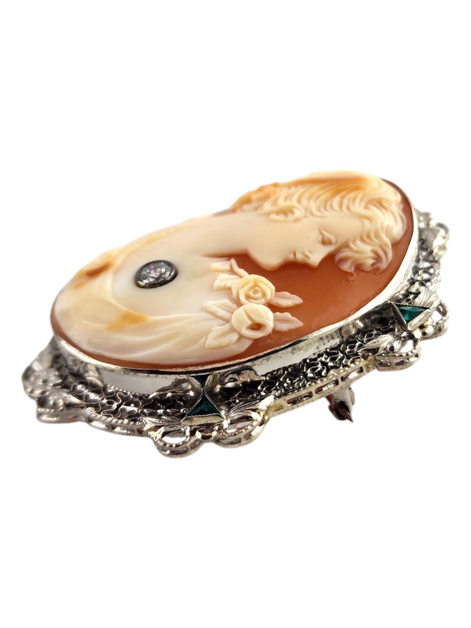 Victorian 14 Karat White Gold Diamond & Green Stone Cameo Brooch/Pendant #18740 For Sale