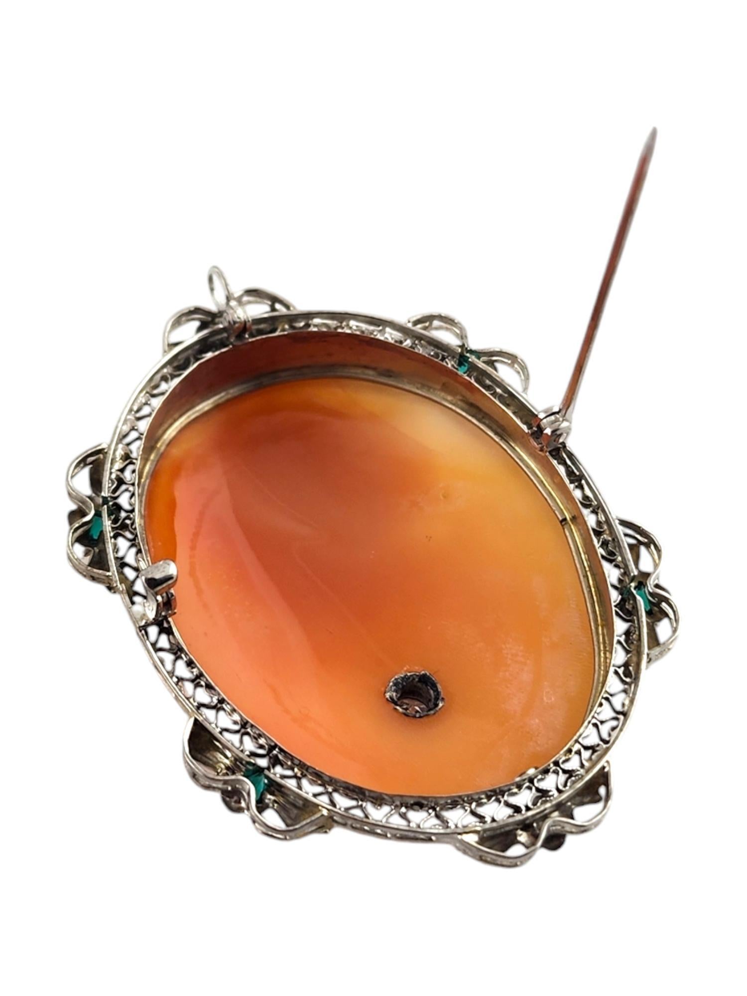 Brilliant Cut 14 Karat White Gold Diamond & Green Stone Cameo Brooch/Pendant #18740 For Sale